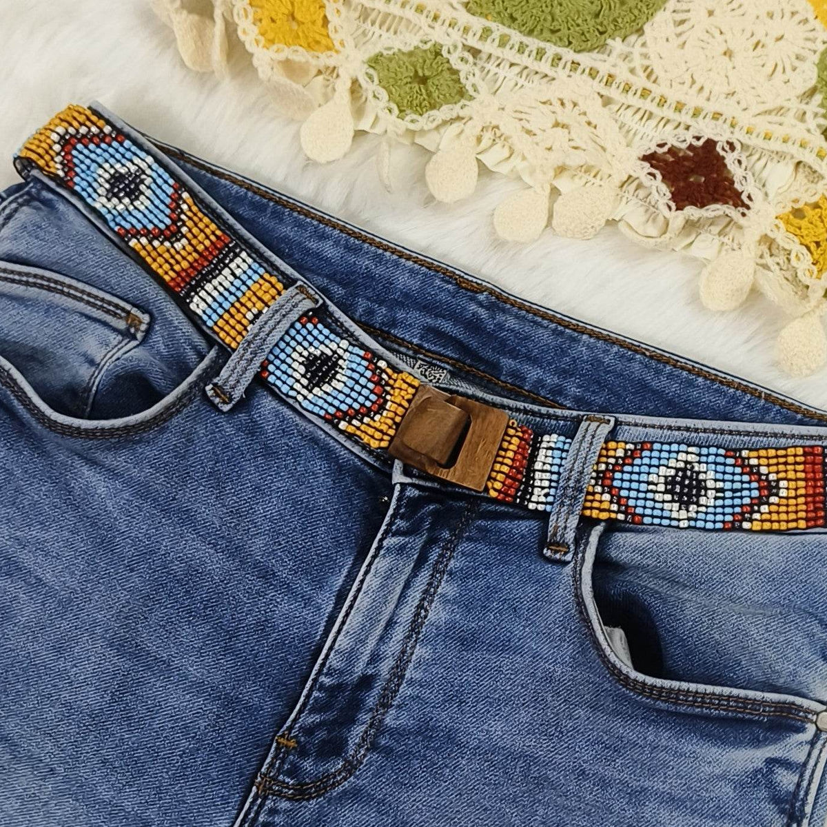 Handmade Stretchable Seed Beaded Belt with Wood Buckle Clasp  display picture 1