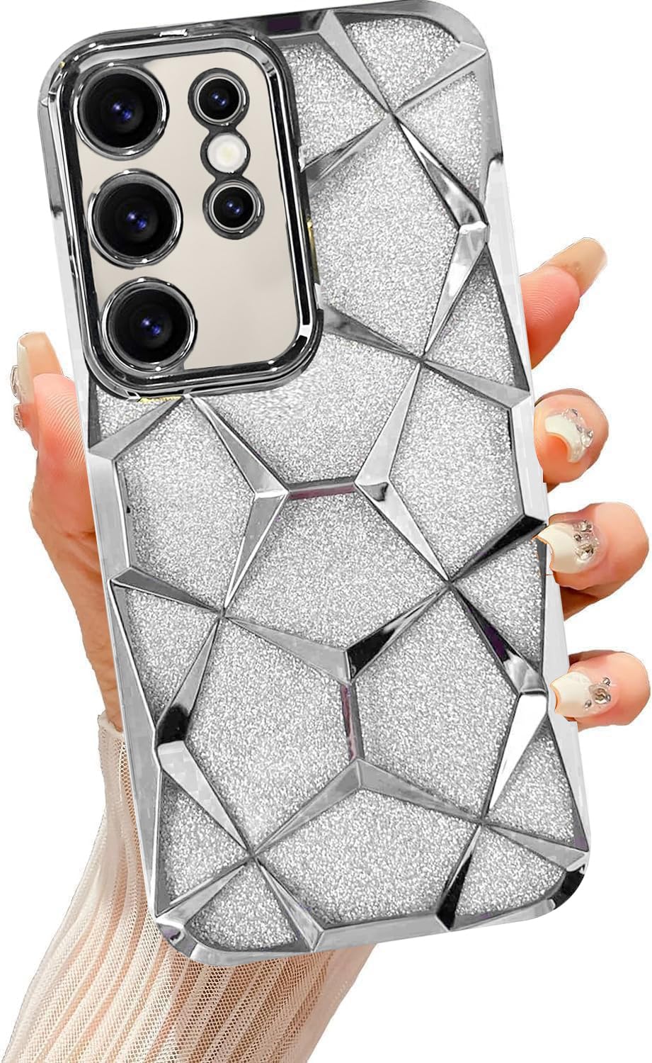 Gradient Glitter Electroplated 3D Cube, Diamond Back Cover - Silver
