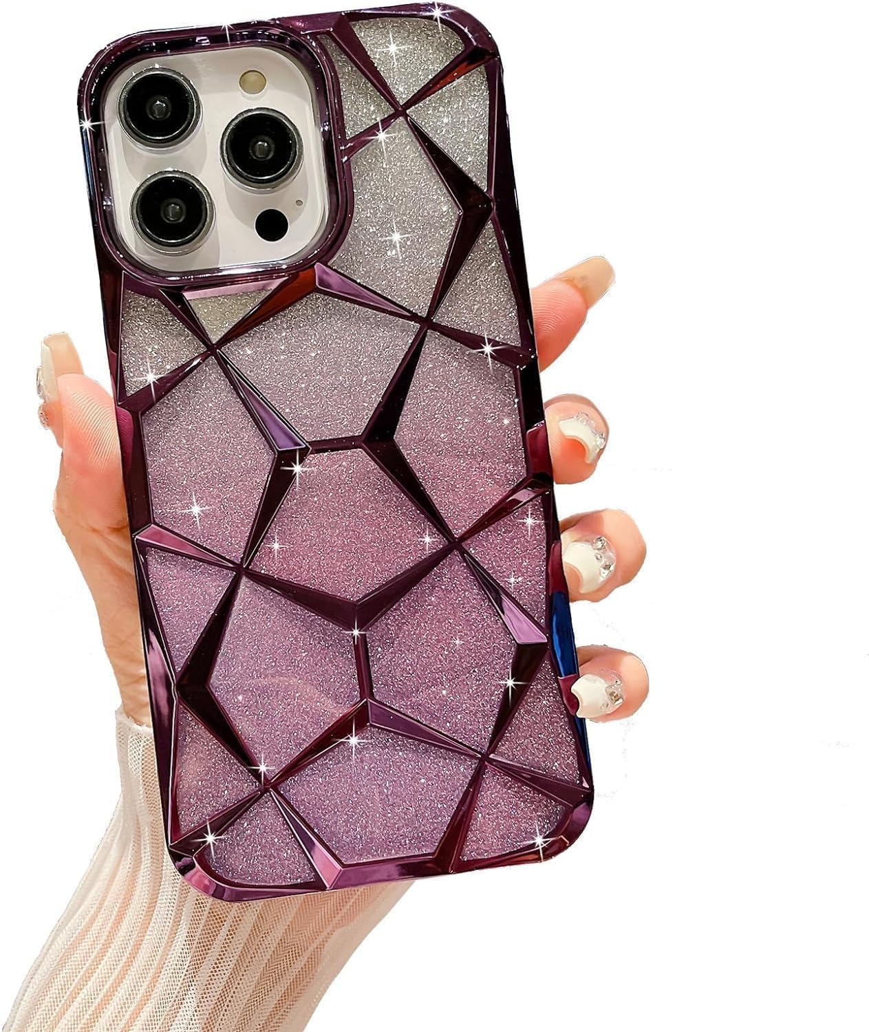 Gradient Glitter Electroplated 3D Cube, Diamond Back Cover - Purple