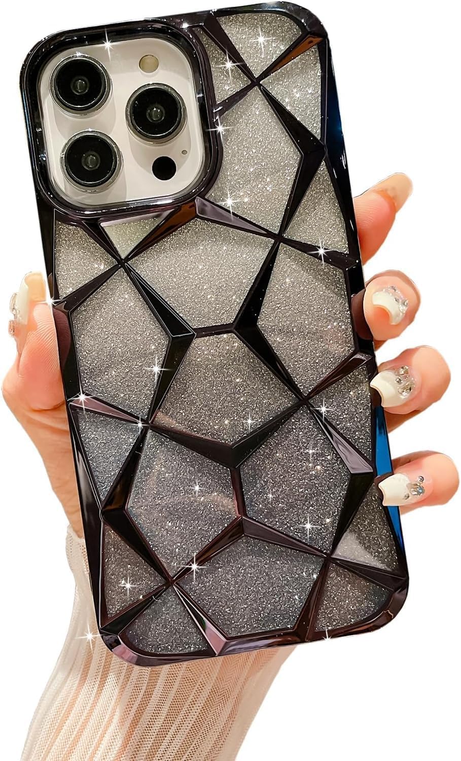 Gradient Glitter Electroplated 3D Cube, Diamond Back Cover - Black