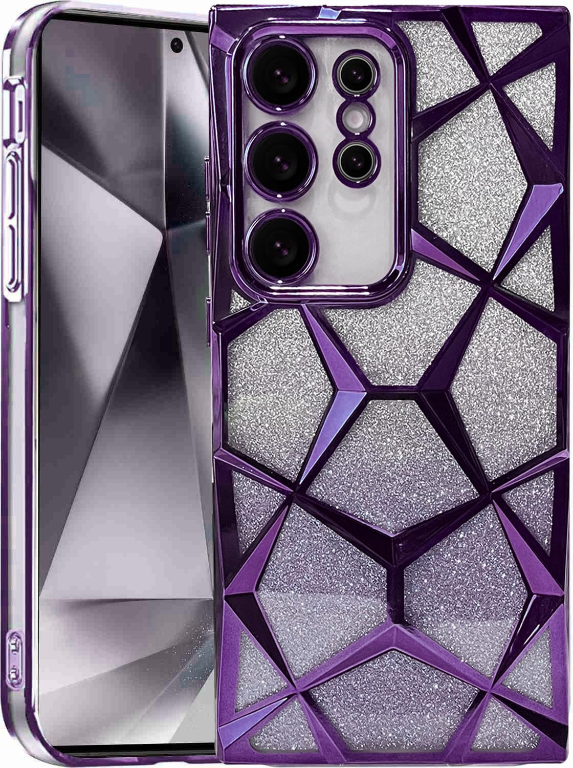 Gradient Glitter Electroplated 3D Cube, Diamond Back Cover - Purple