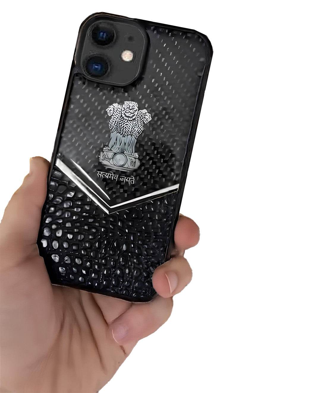 Premium Leather 3D Blocks Engraving Carbon Fibre Back Cover - Black - Guleel