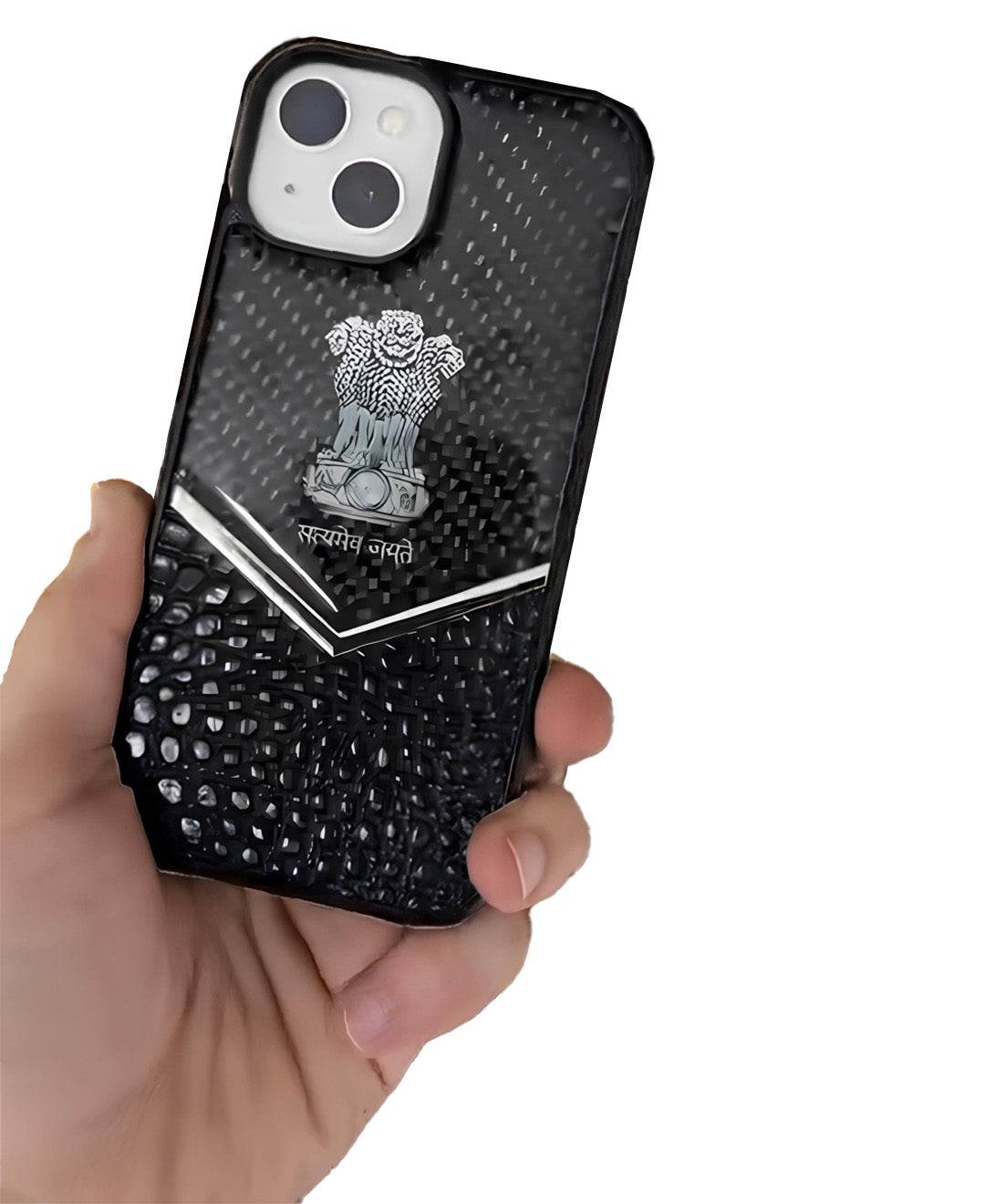 Premium Leather  3D Blocks Engraving Carbon Fibre Back Cover - Black