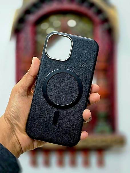 iPhone 15 Magnetic Leather Shockproof Back Case Cover- Black - Guleel