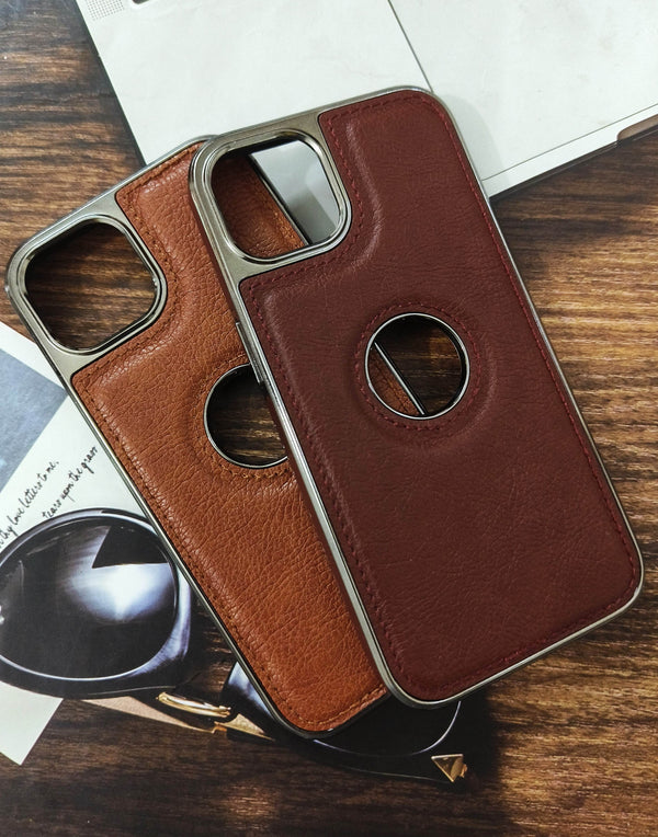 iPhone 13 Pro Premium Leather Logo Cut Case - Light Brown - Guleel