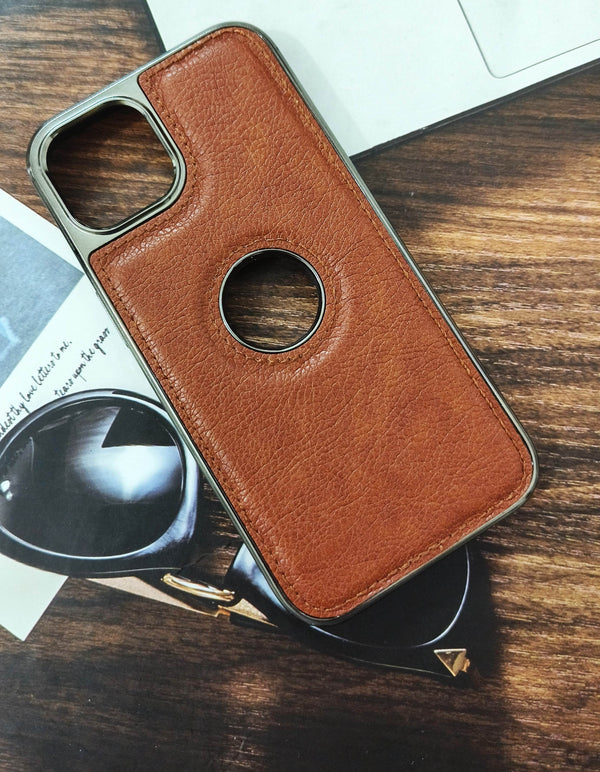 iPhone 13 Pro Premium Leather Logo Cut Case - Light Brown - Guleel