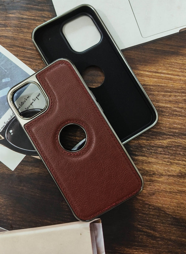 iPhone 14 Pro Max Premium Leather Logo Cut Case - Dark Brown - Guleel