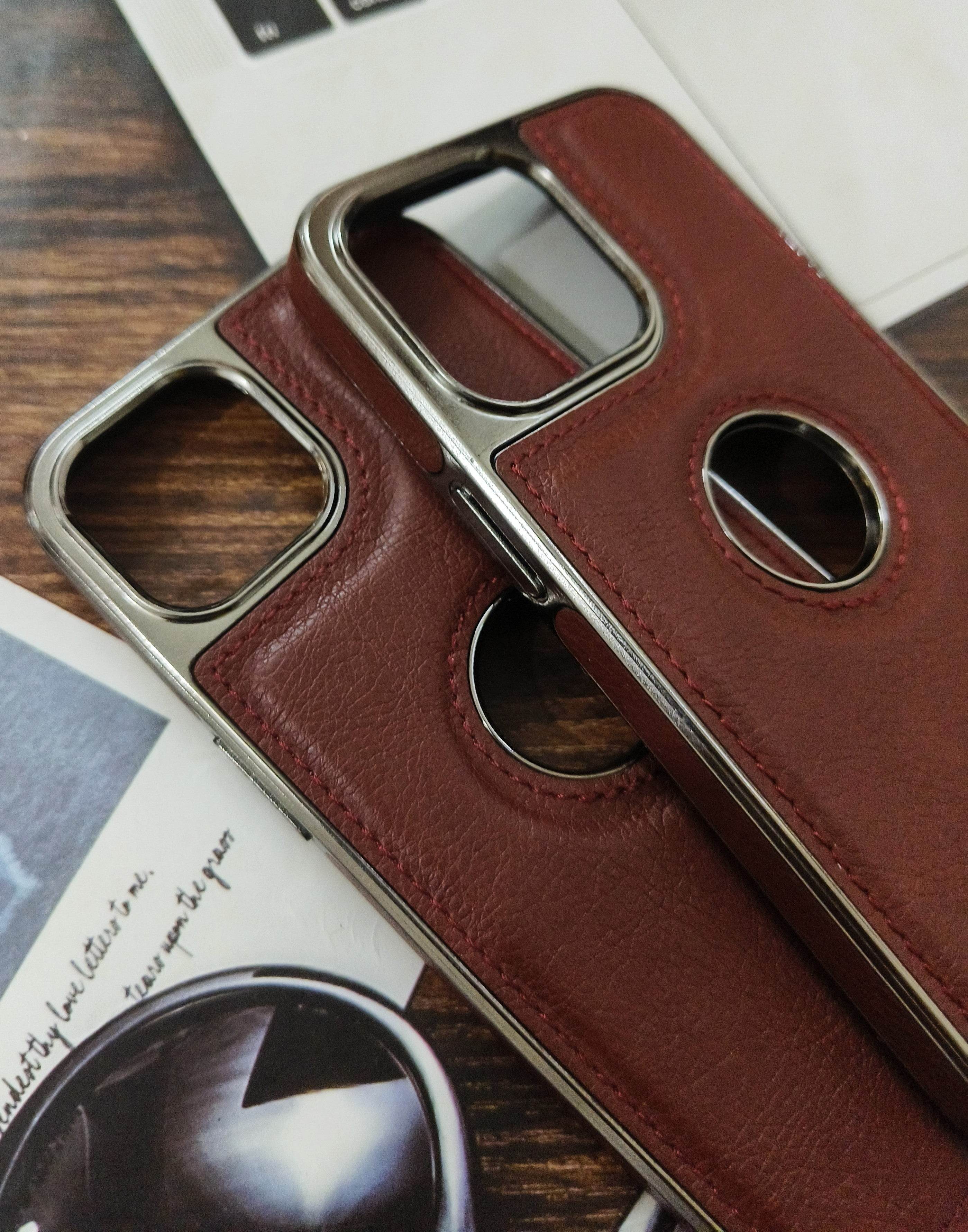 iPhone 13 Pro Max Premium Leather Logo Cut Case - Dark Brown - Guleel