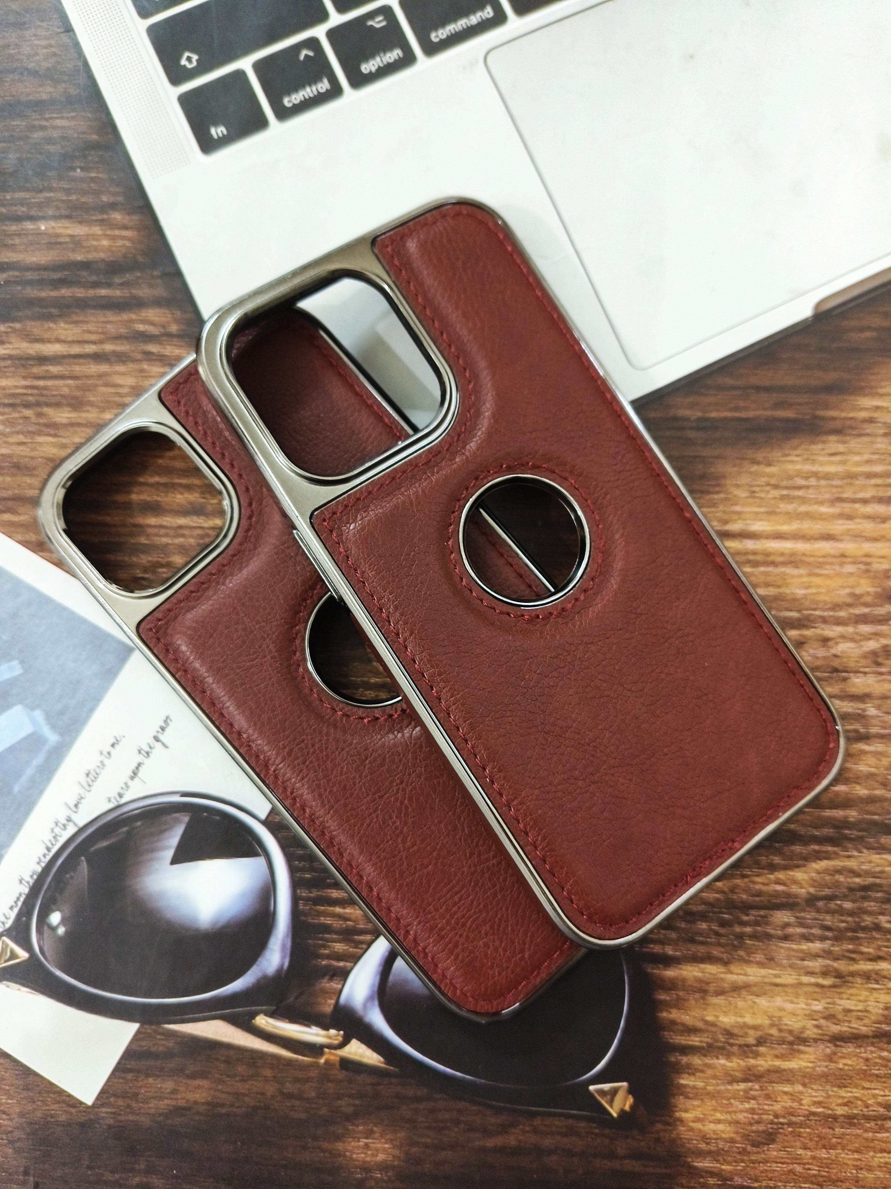 iPhone 13 Pro Premium Leather Logo Cut Case - Dark Brown - Guleel