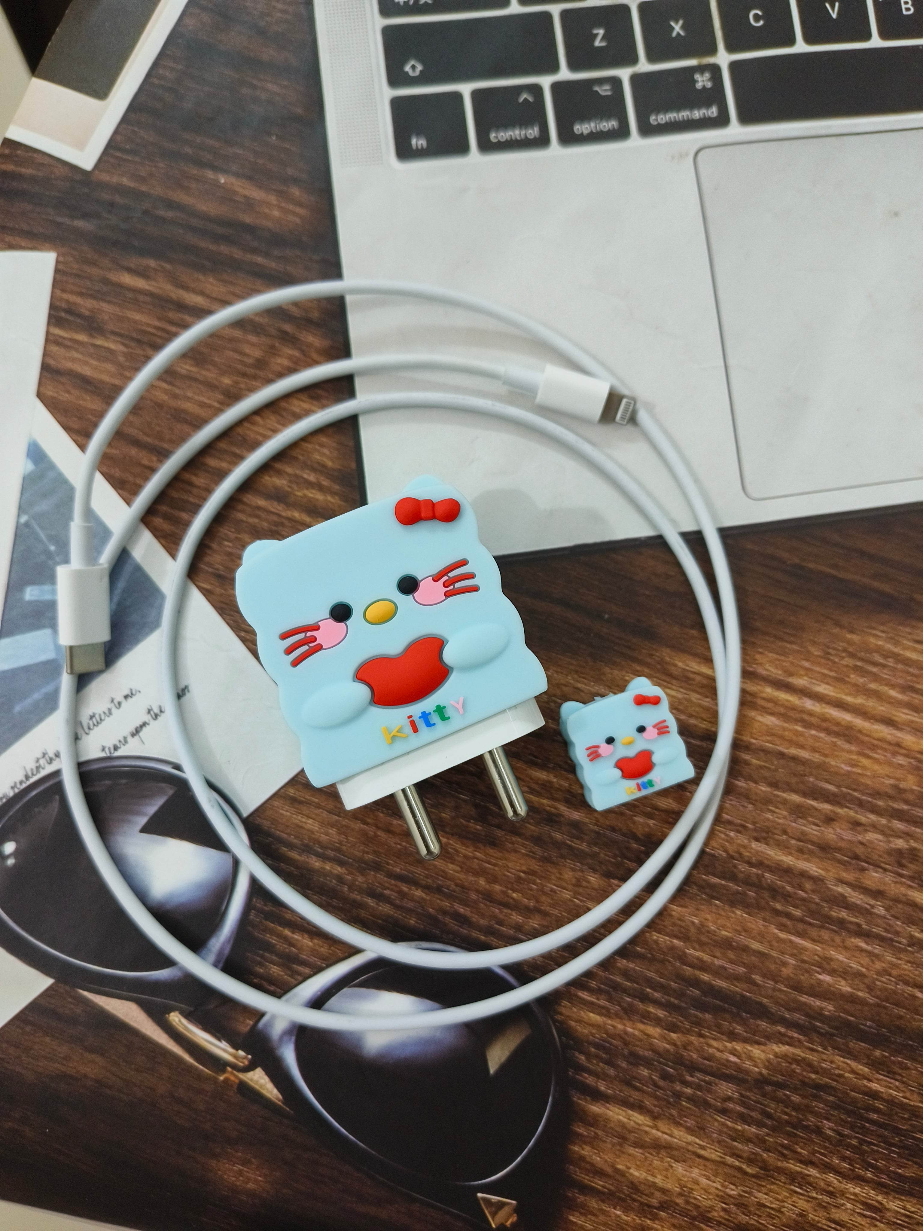 Silicone Cartoon iPhone Charger Case Cover for 18-20W Chargers - Kitty Light Blue (with wire cover) - Guleel