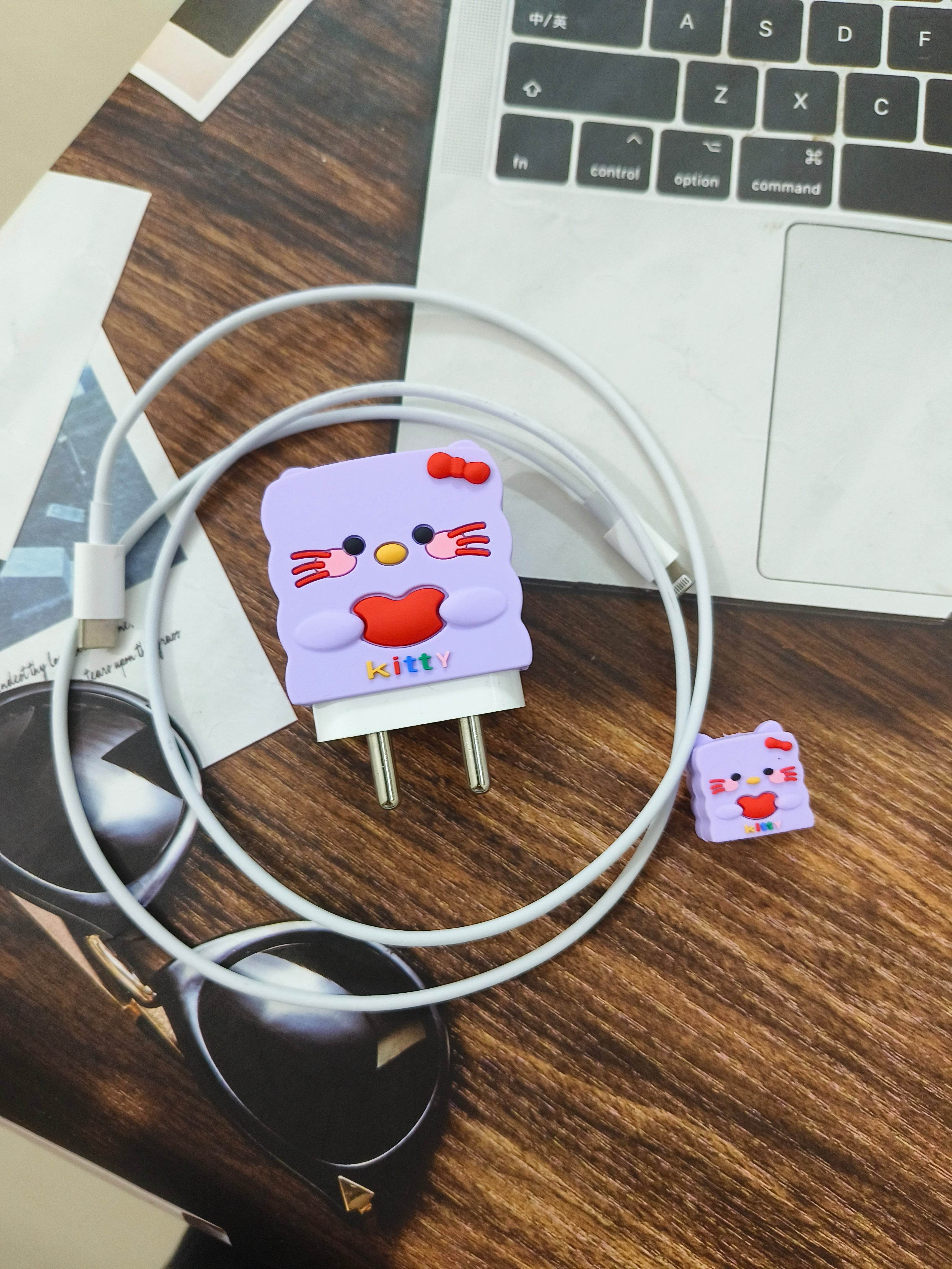 Silicone Cartoon iPhone Charger Case Cover for 18-20W Chargers - Kitty Lavender (with wire cover) - Guleel