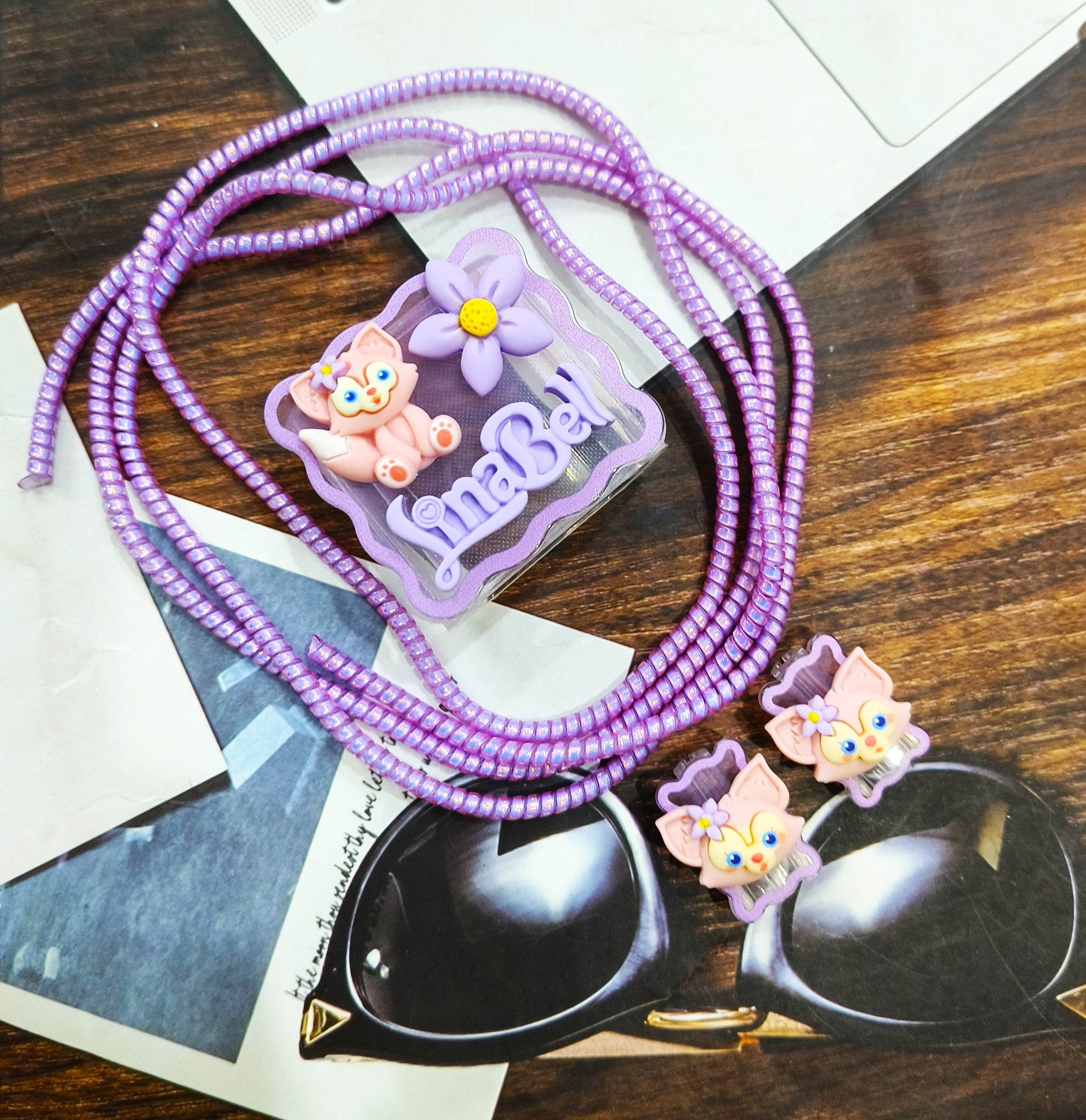 Silicone Cartoon iPhone 3D Flower Kitten Charger Case Cover for 18-20W Chargers - Lavender (with Wire Cover) - Guleel