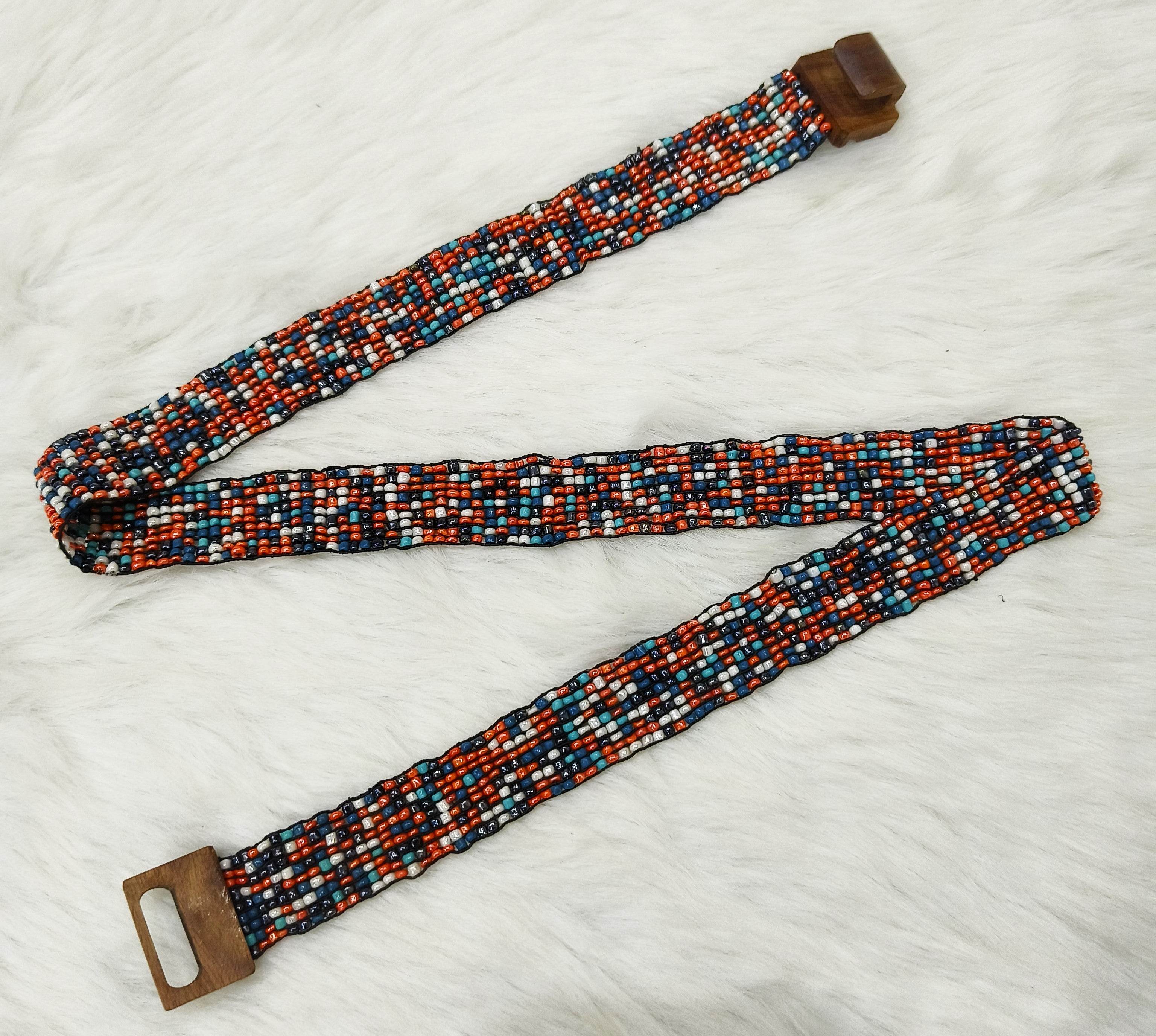 Handmade Stretchable Seed Beaded Belt with Wood Buckle Clasp - Multicolor - Guleel