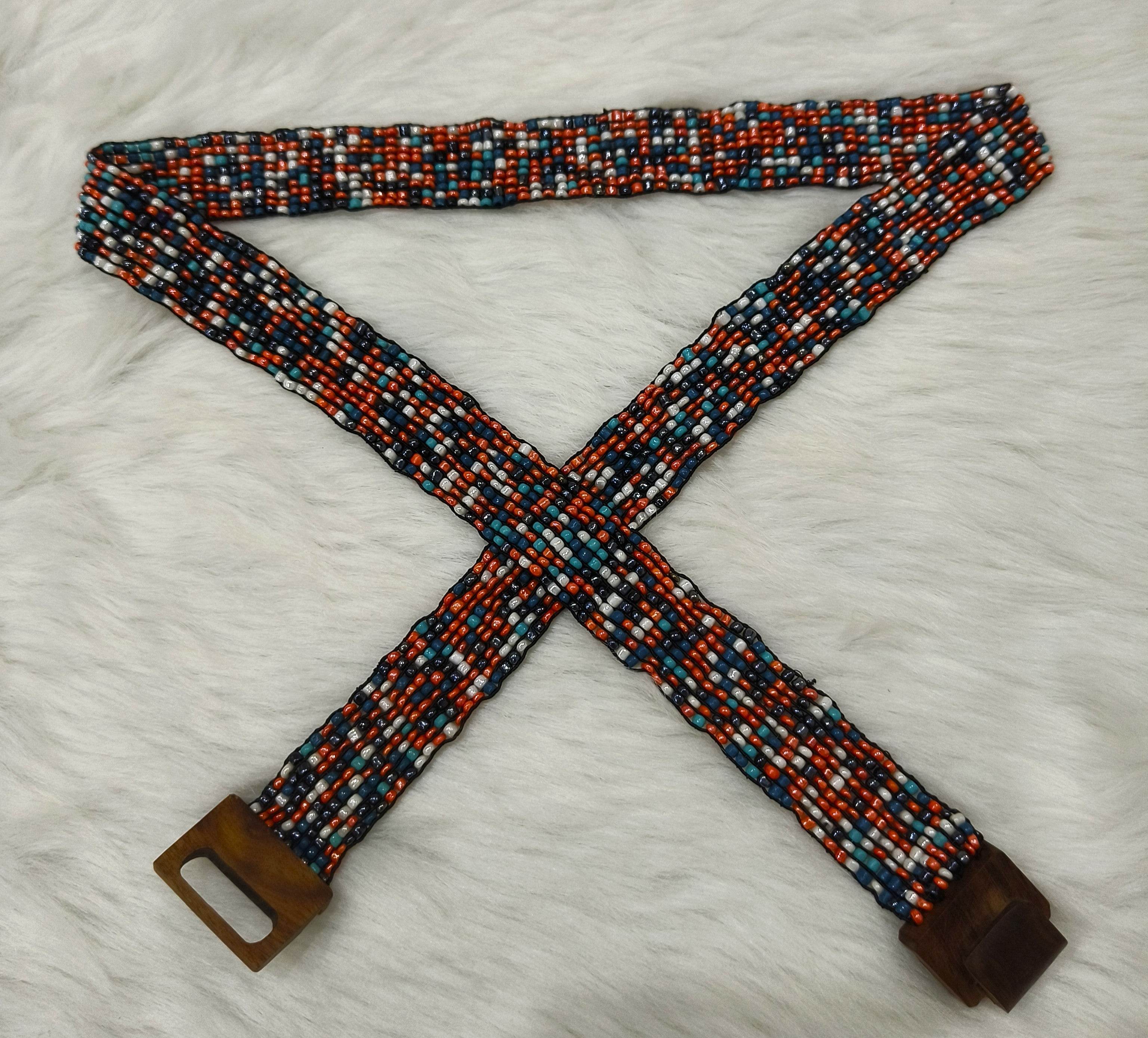 Handmade Stretchable Seed Beaded Belt with Wood Buckle Clasp - Multicolor - Guleel