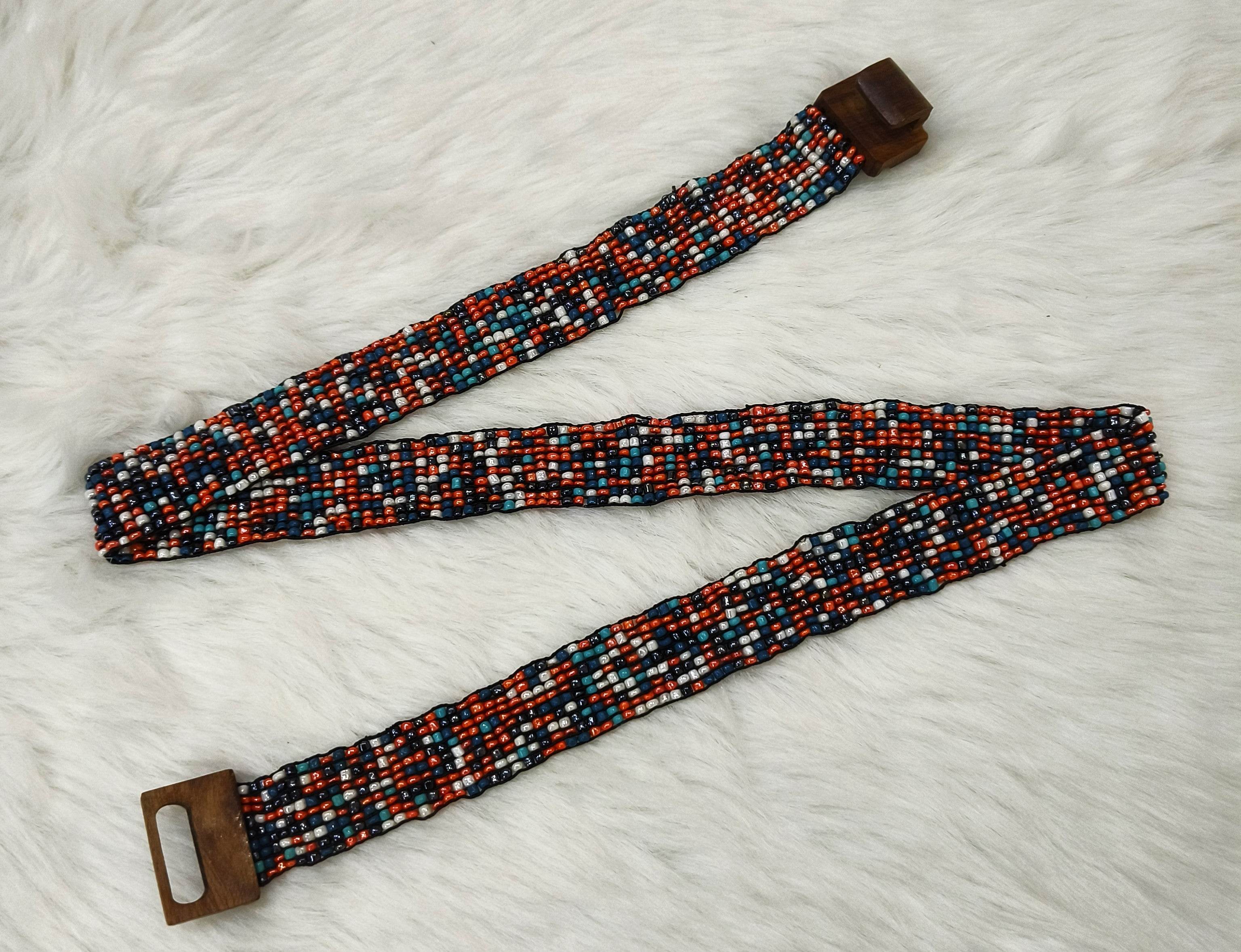 Handmade Stretchable Seed Beaded Belt with Wood Buckle Clasp - Multicolor - Guleel