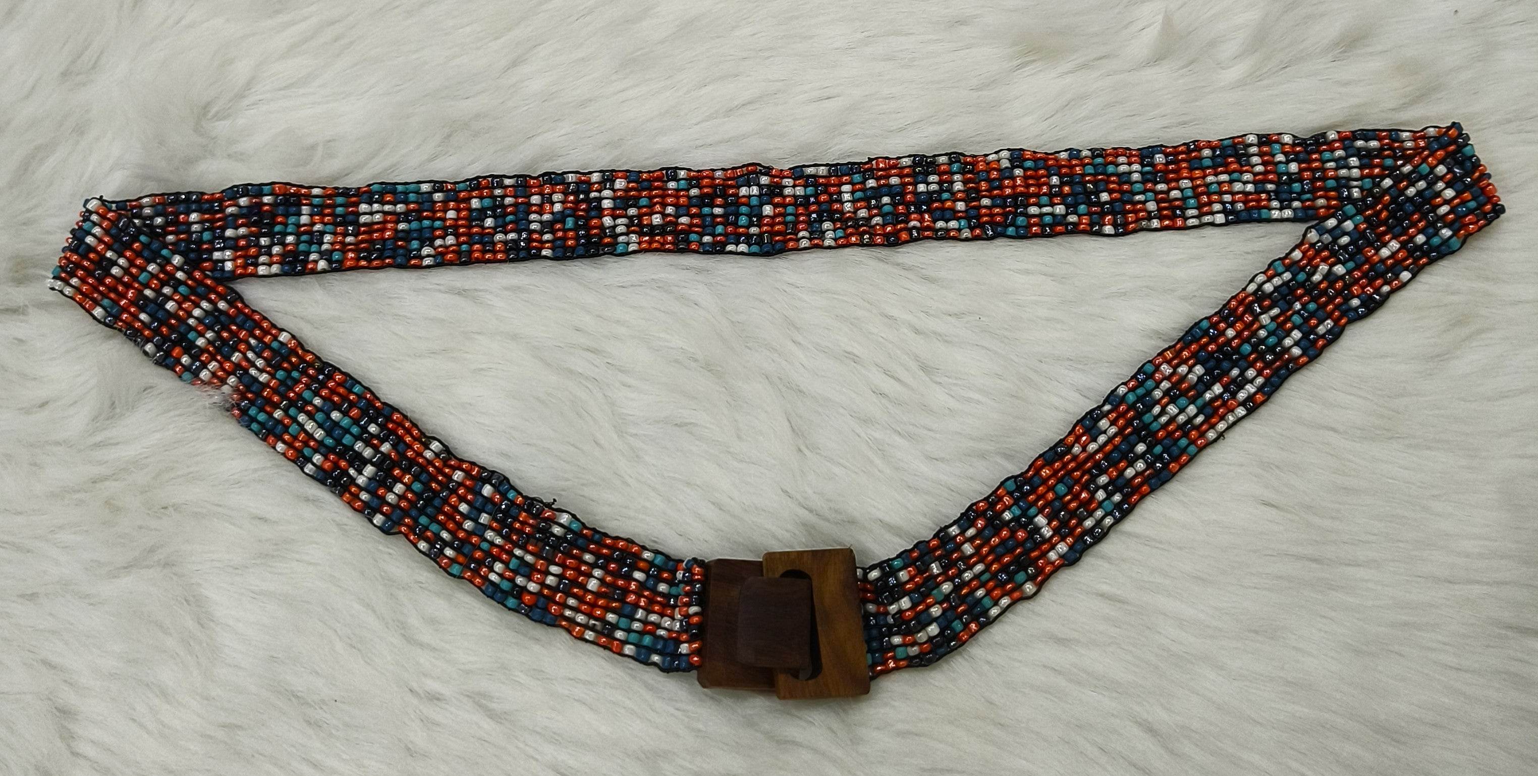 Handmade Stretchable Seed Beaded Belt with Wood Buckle Clasp - Multicolor - Guleel