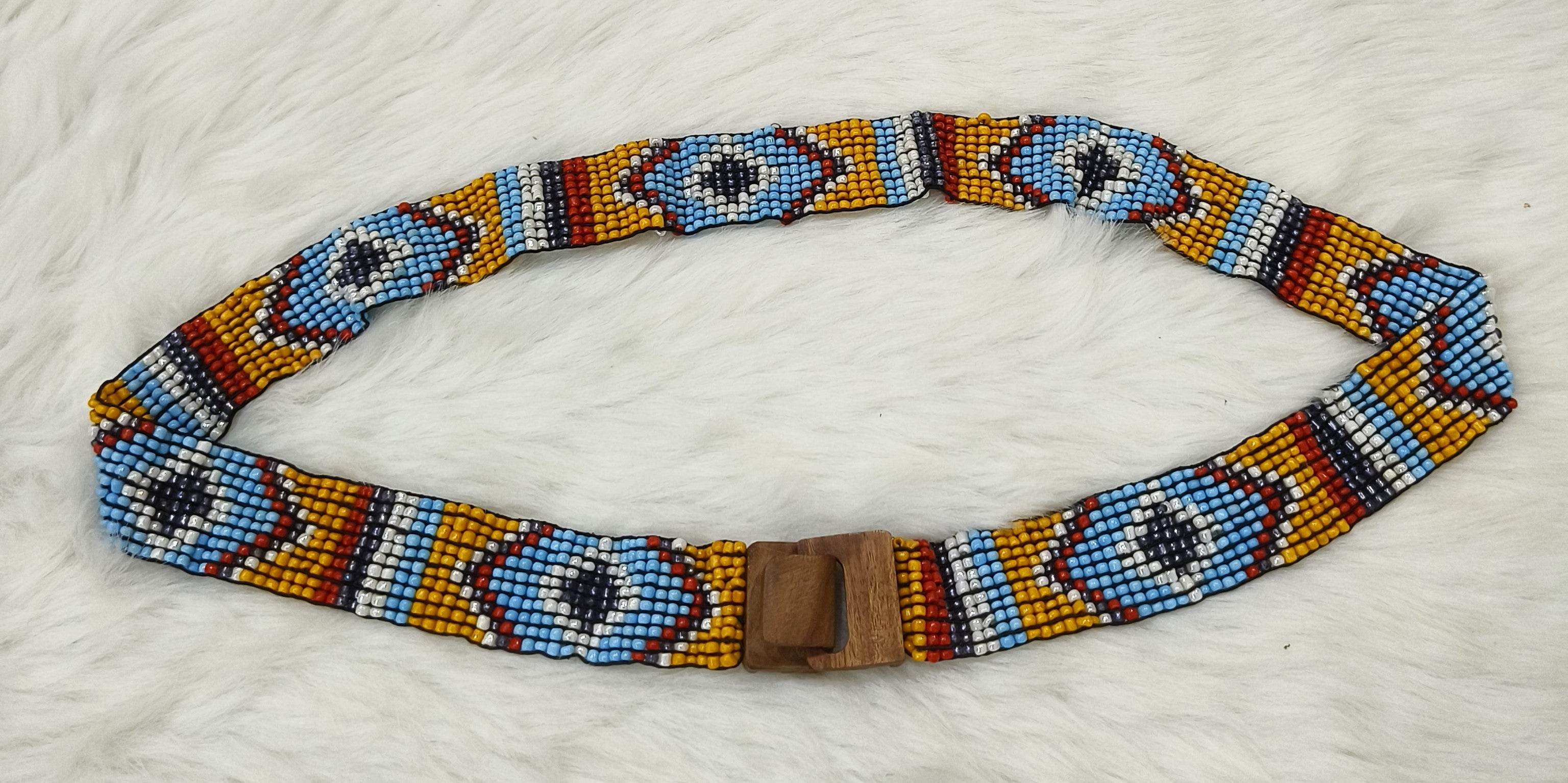 Handmade Stretchable Seed Beaded Belt with Wood Buckle Clasp - Blue Yellow Multicolor - Guleel