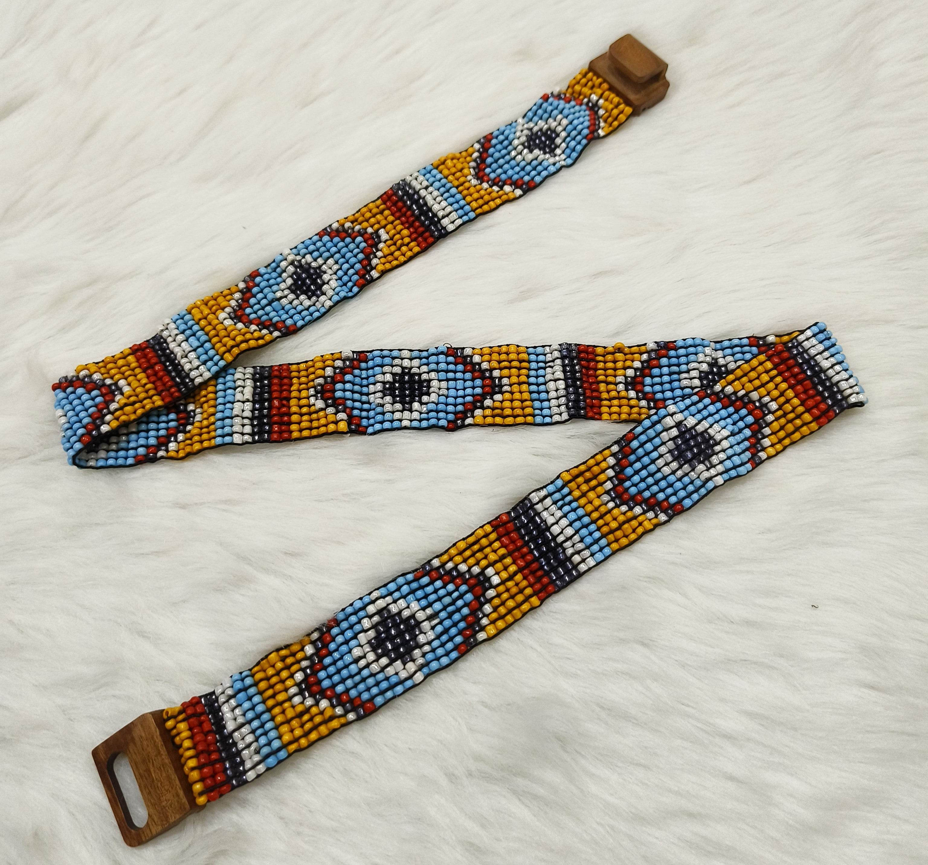 Handmade Stretchable Seed Beaded Belt with Wood Buckle Clasp - Blue Yellow Multicolor - Guleel
