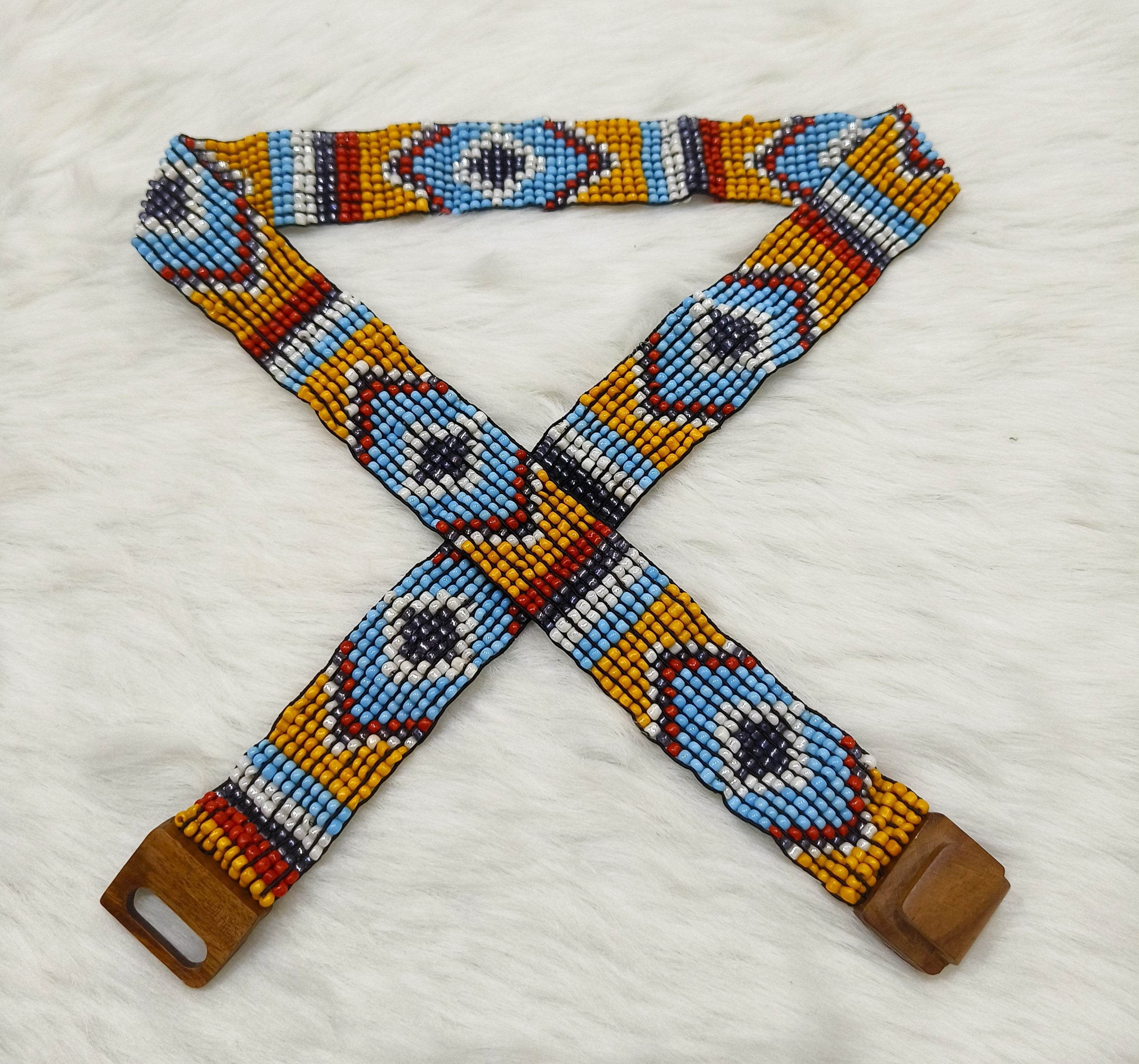 Handmade Stretchable Seed Beaded Belt with Wood Buckle Clasp - Blue Yellow Multicolor - Guleel