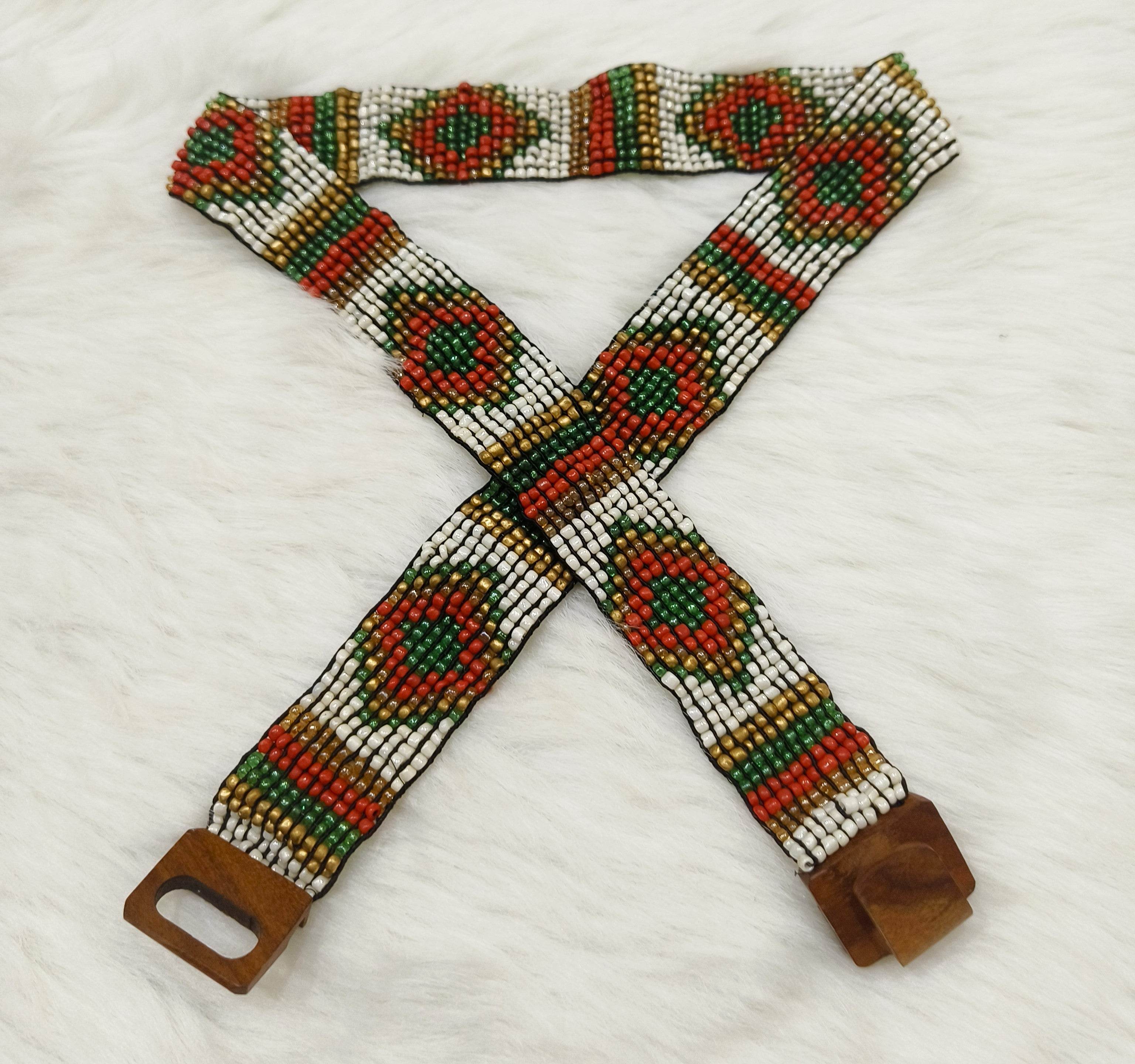 Handmade Stretchable Seed Beaded Belt with Wood Buckle Clasp - Red Green Multicolor - Guleel