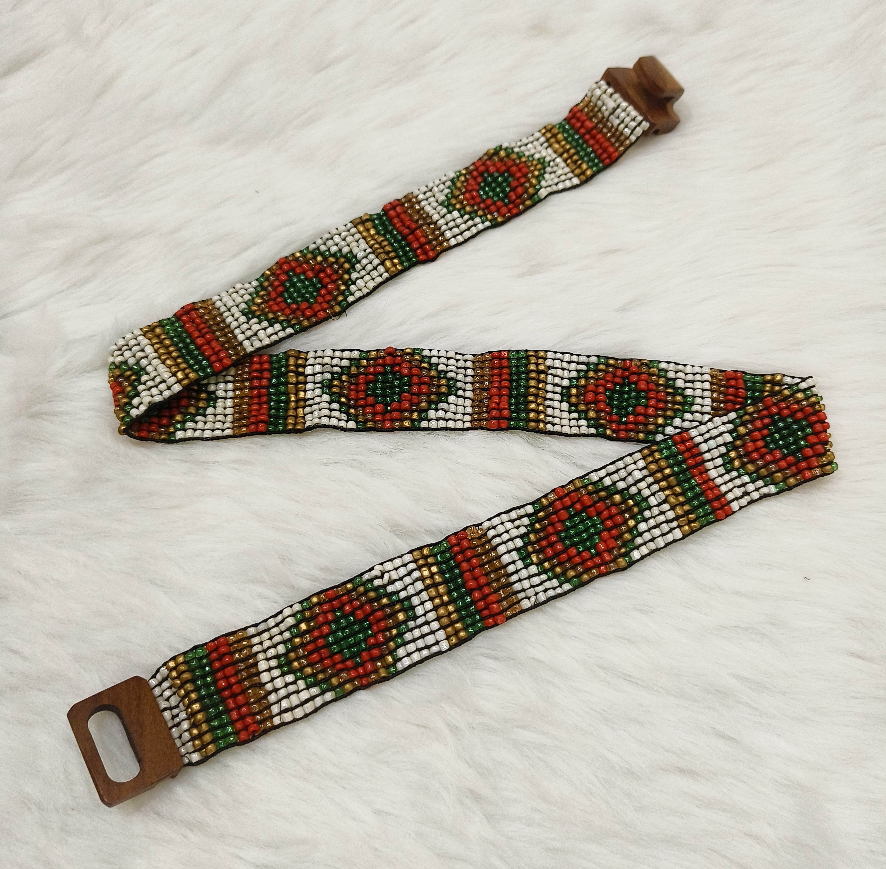 Handmade Stretchable Seed Beaded Belt with Wood Buckle Clasp - Red Green Multicolor - Guleel