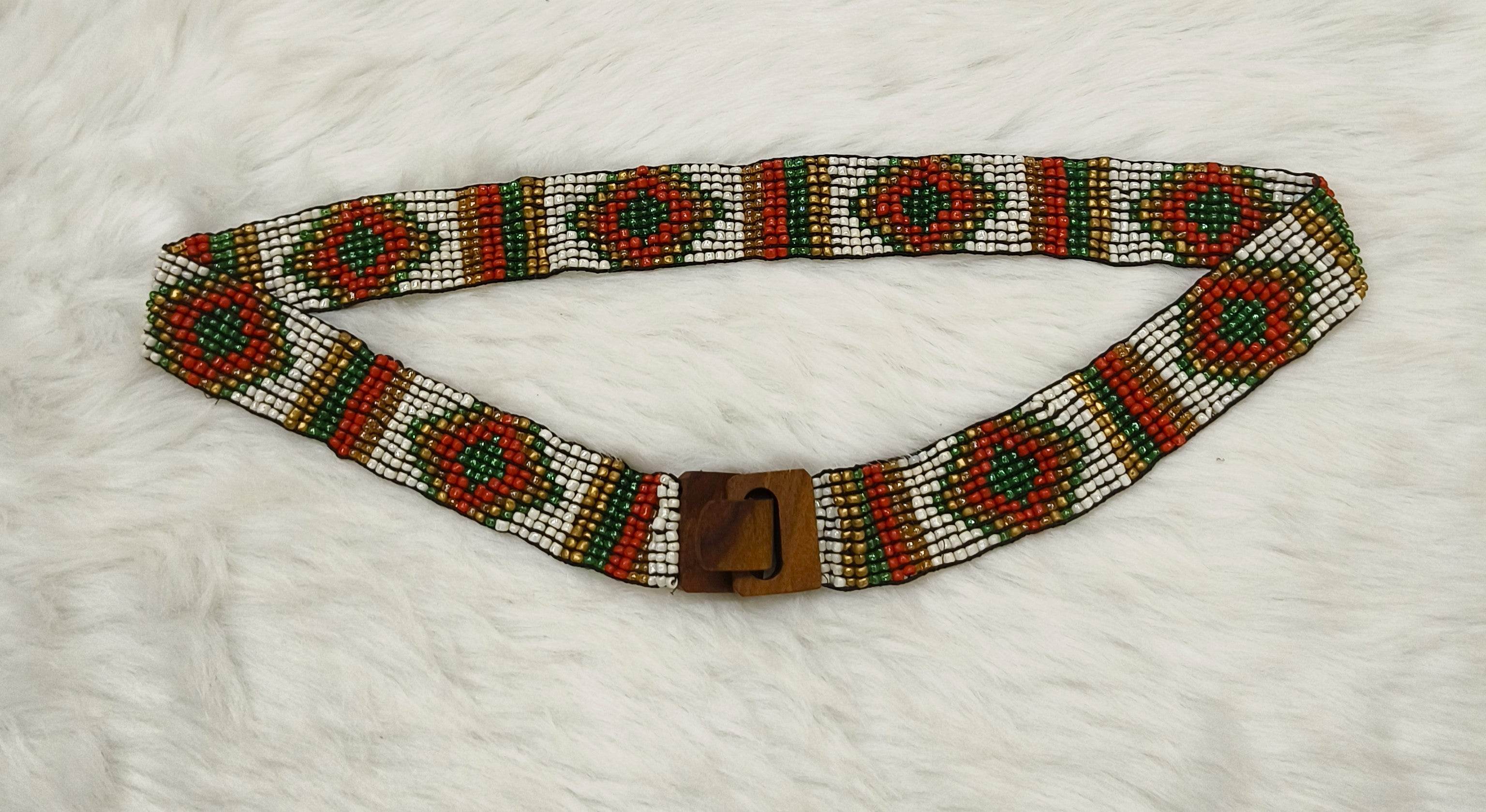 Handmade Stretchable Seed Beaded Belt with Wood Buckle Clasp - Red Green Multicolor - Guleel