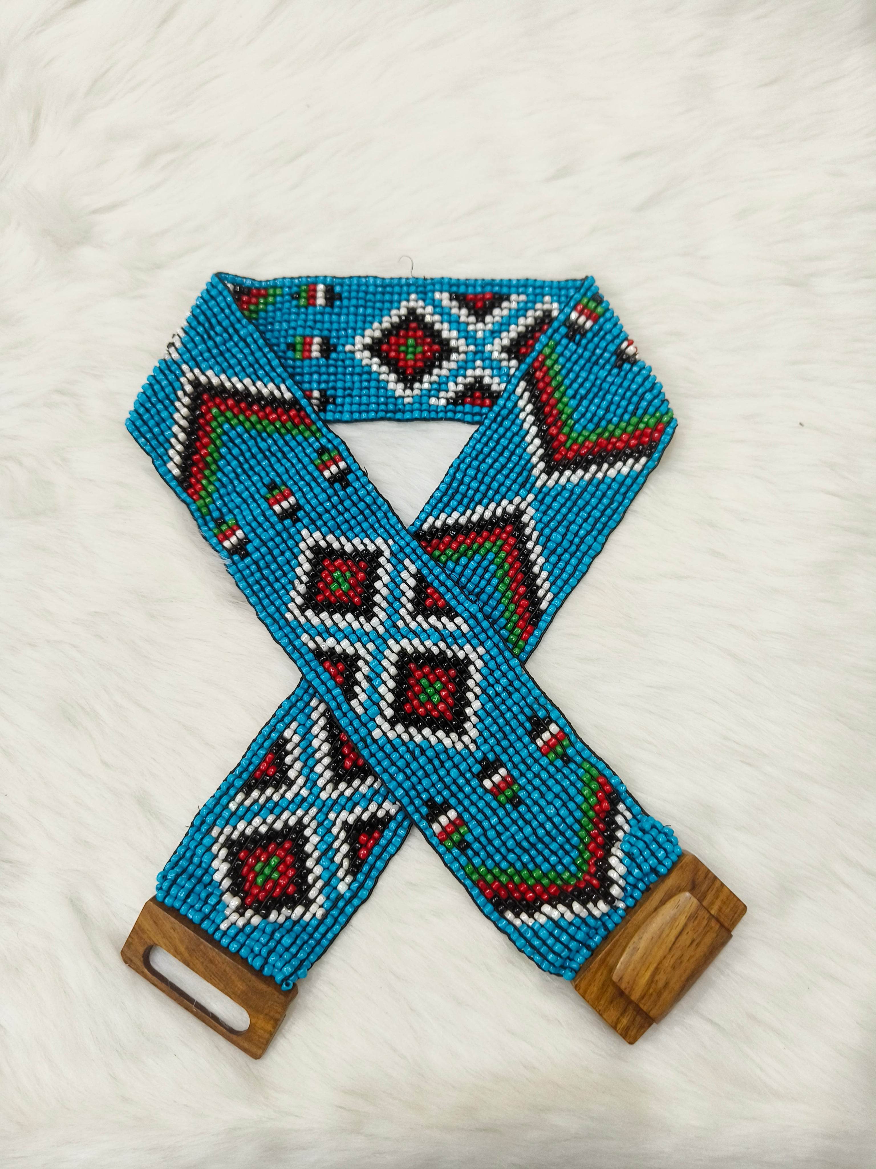 Stretchable Seed Beaded Belt with Wood Buckle Clasp - Blue - Guleel