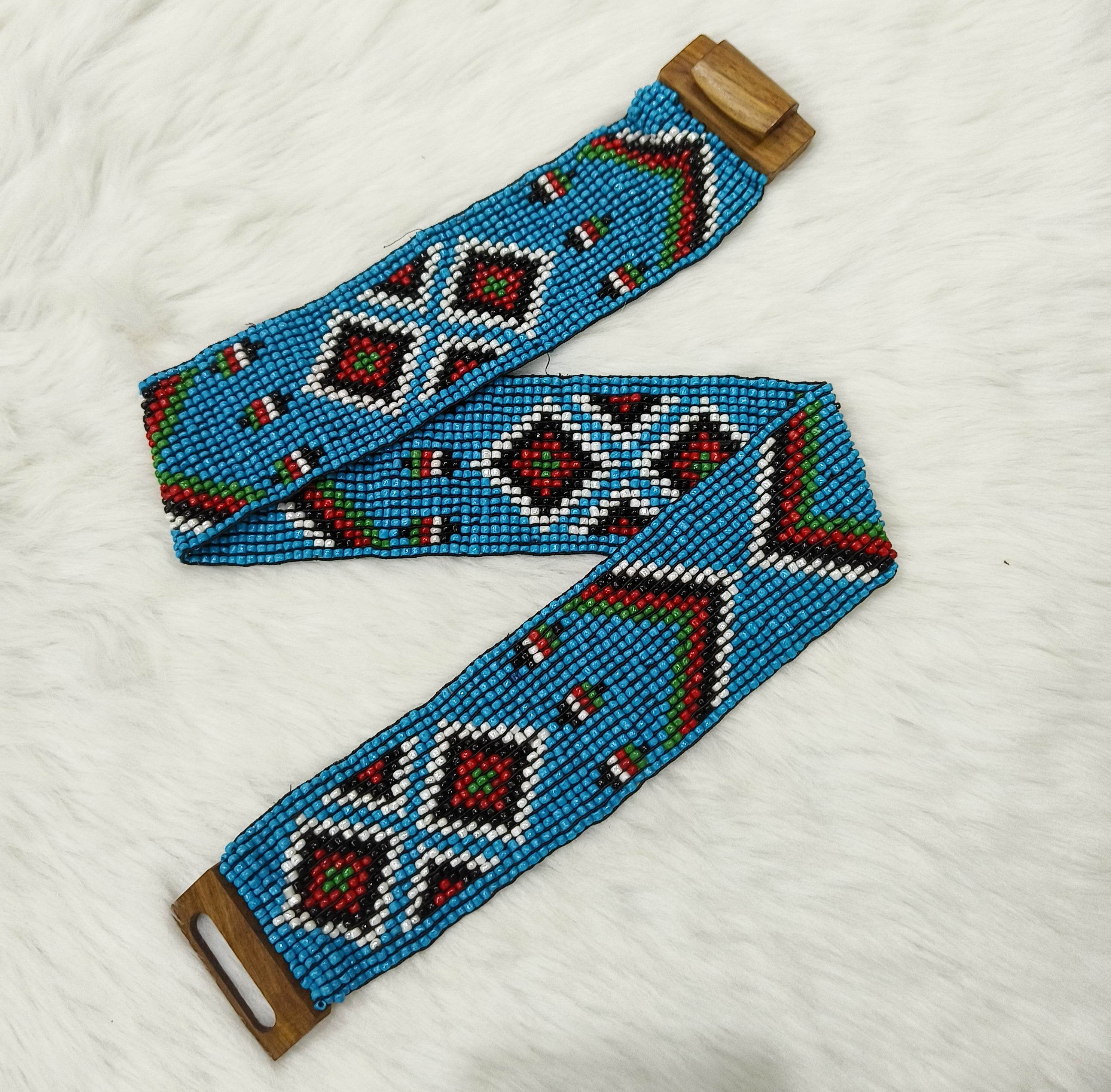Stretchable Seed Beaded Belt with Wood Buckle Clasp - Blue - Guleel