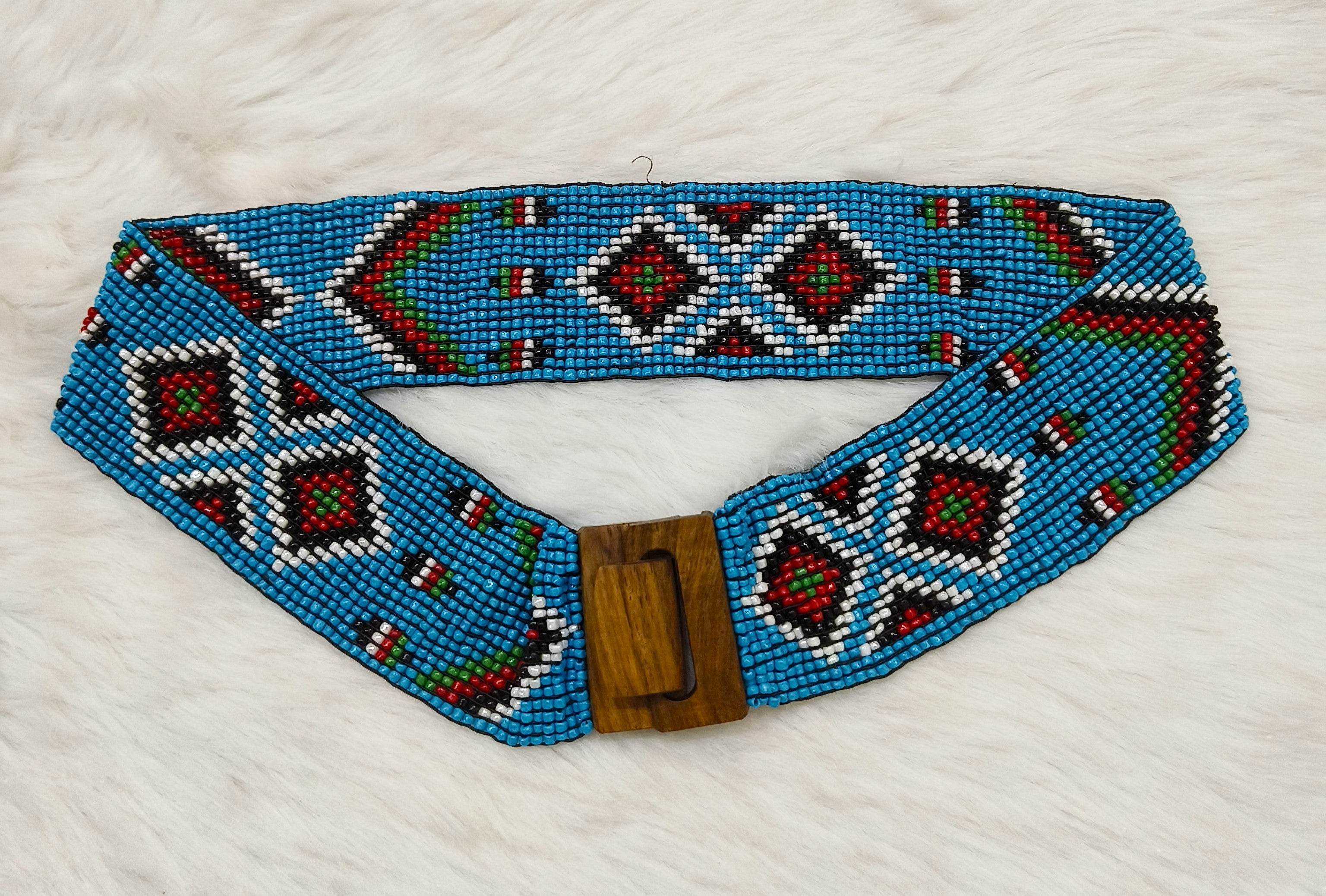 Stretchable Seed Beaded Belt with Wood Buckle Clasp - Blue - Guleel