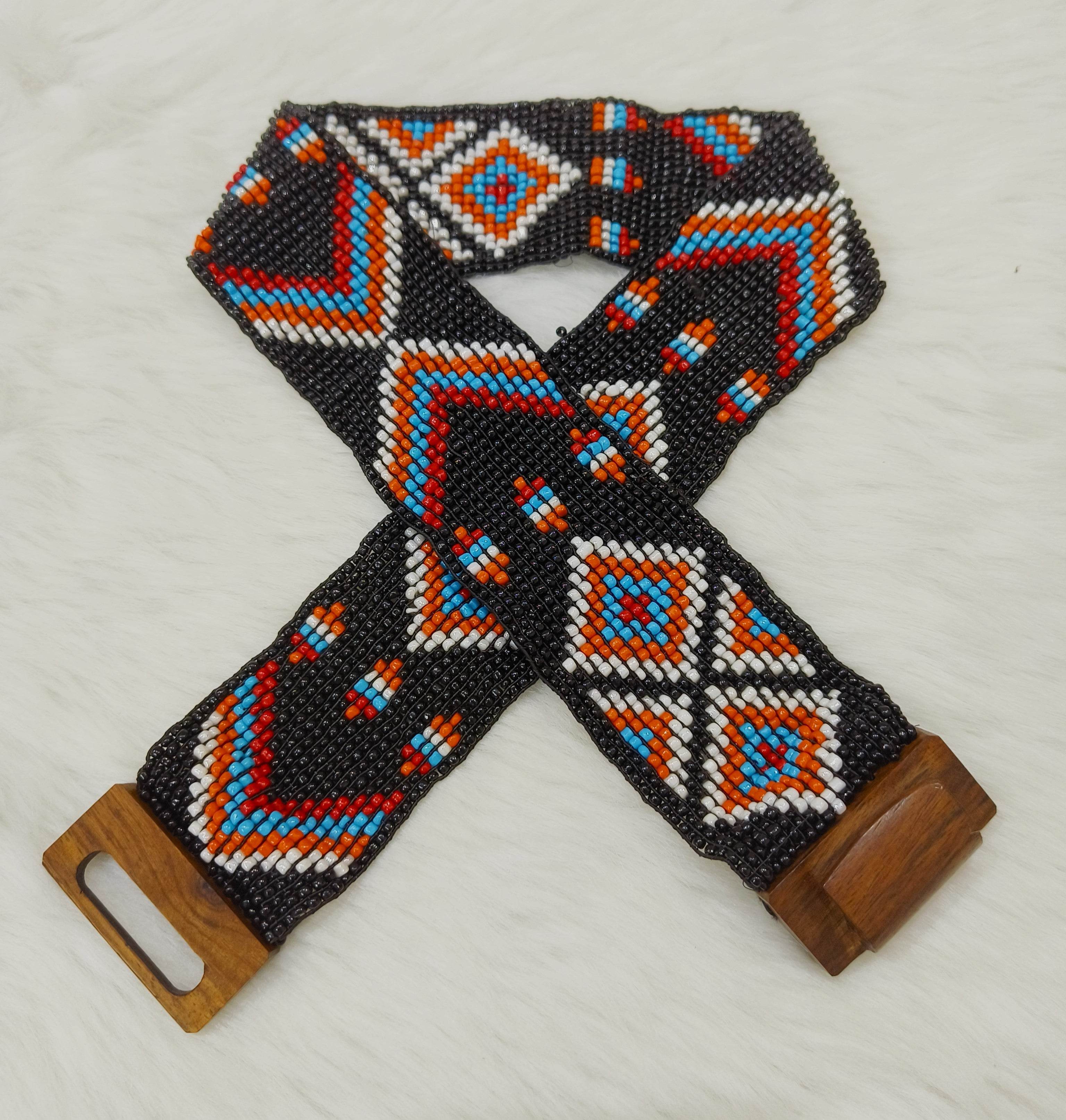 Handmade Stretchable Seed Beaded Belt with Wood Buckle Clasp - Black Multicolor - Guleel