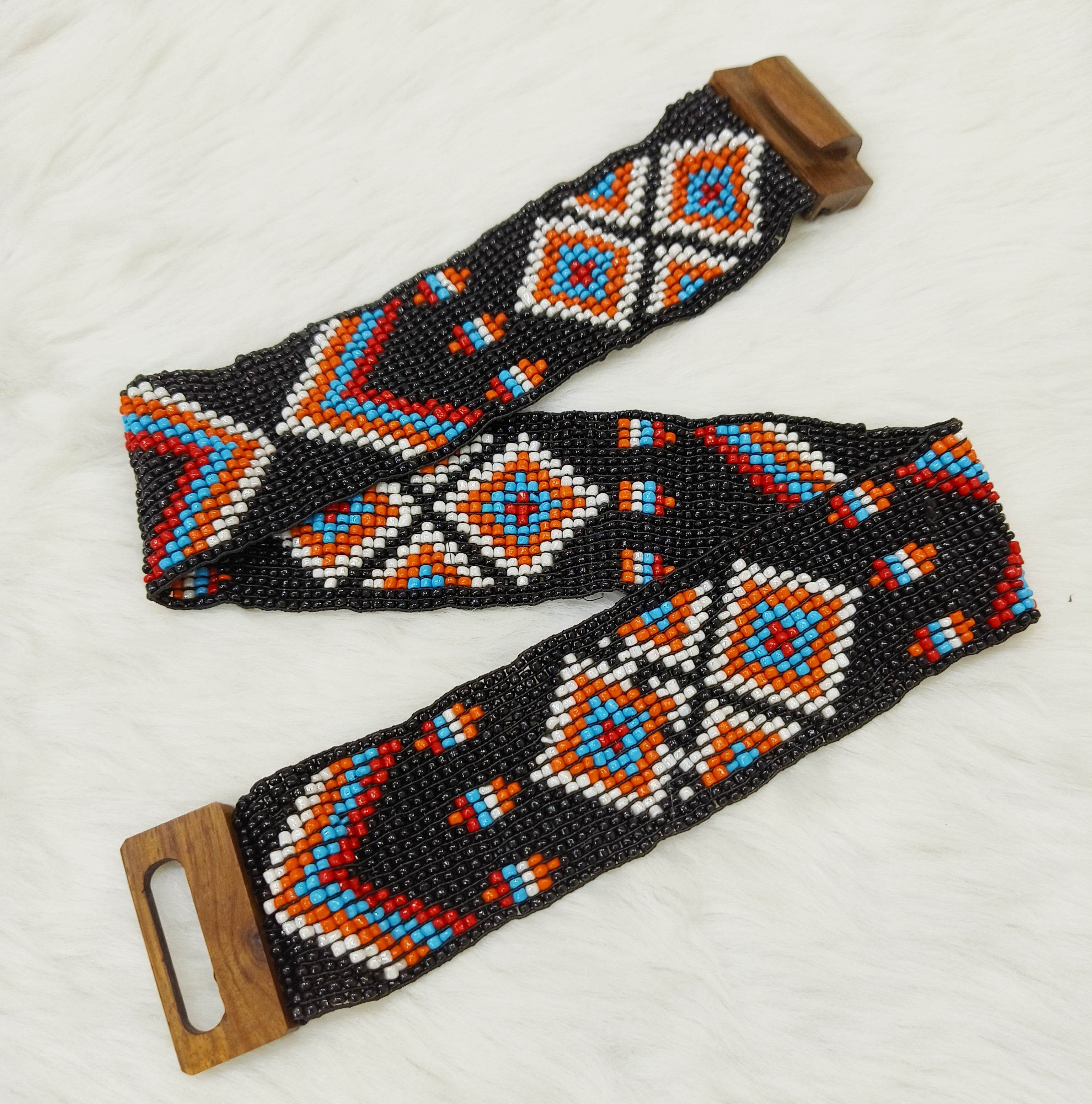 Handmade Stretchable Seed Beaded Belt with Wood Buckle Clasp - Black Multicolor - Guleel