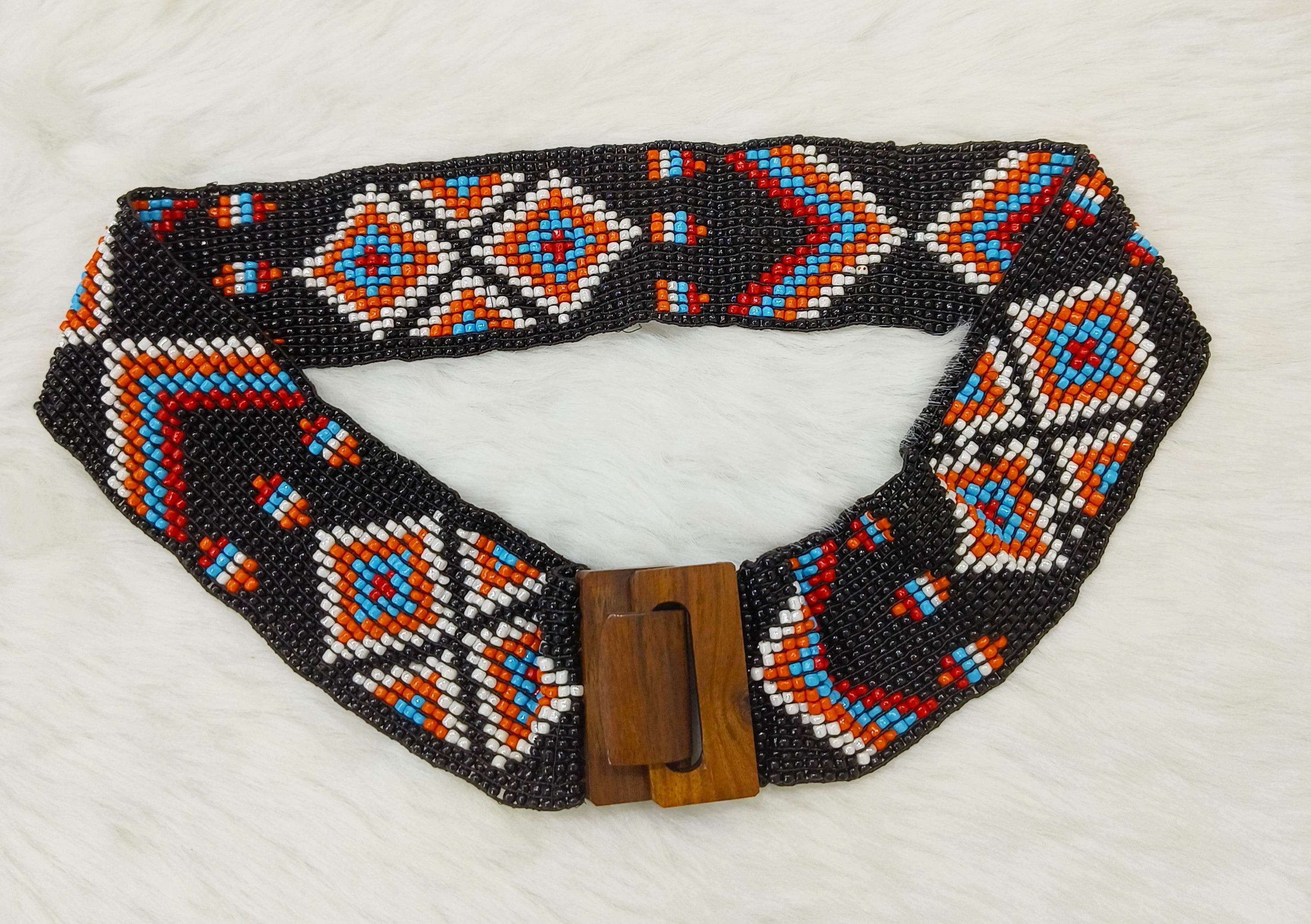 Handmade Stretchable Seed Beaded Belt with Wood Buckle Clasp - Black Multicolor - Guleel