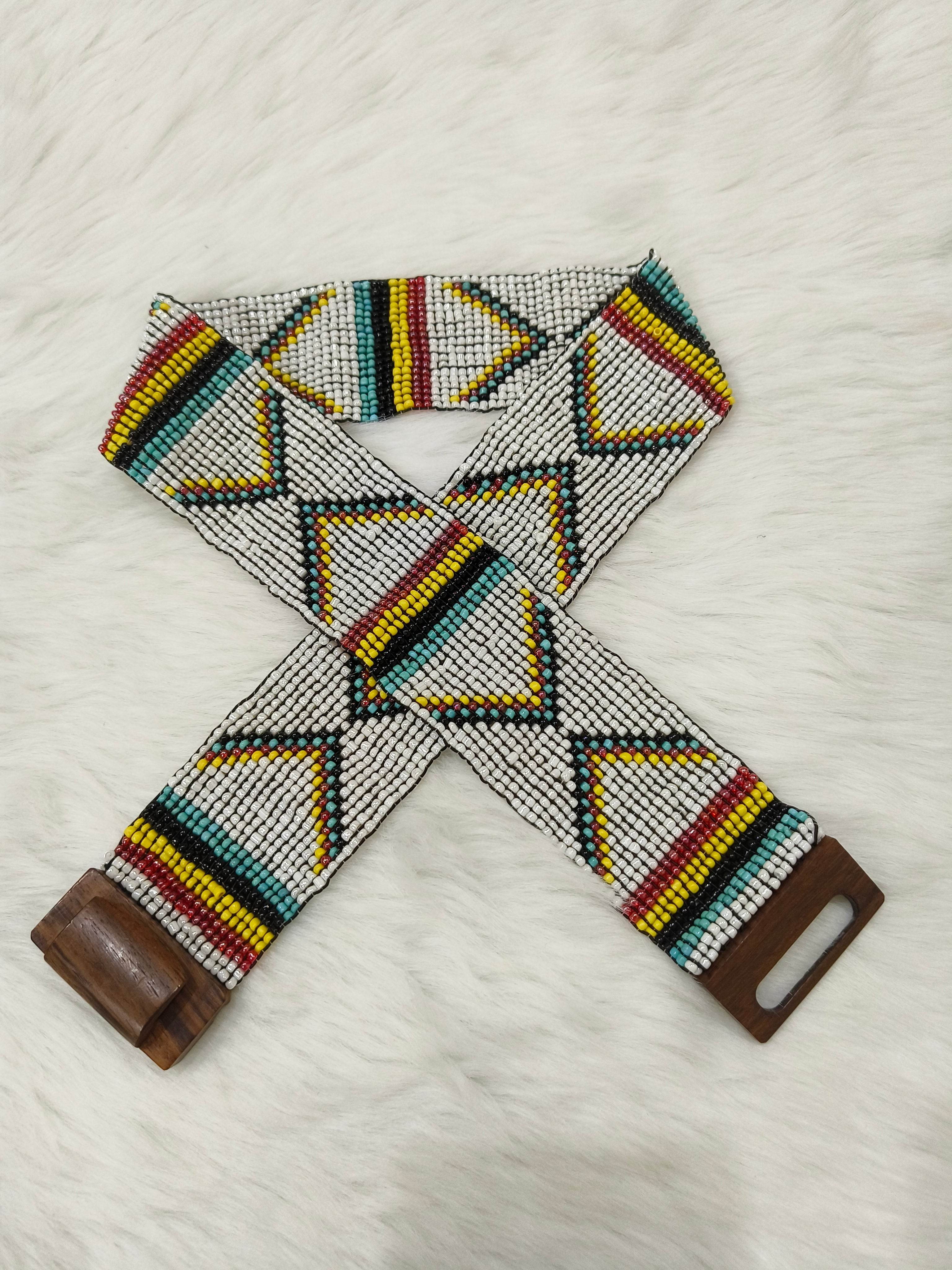 Handmade Stretchable Seed Beaded Belt with Wood Buckle Clasp - White Green - Guleel