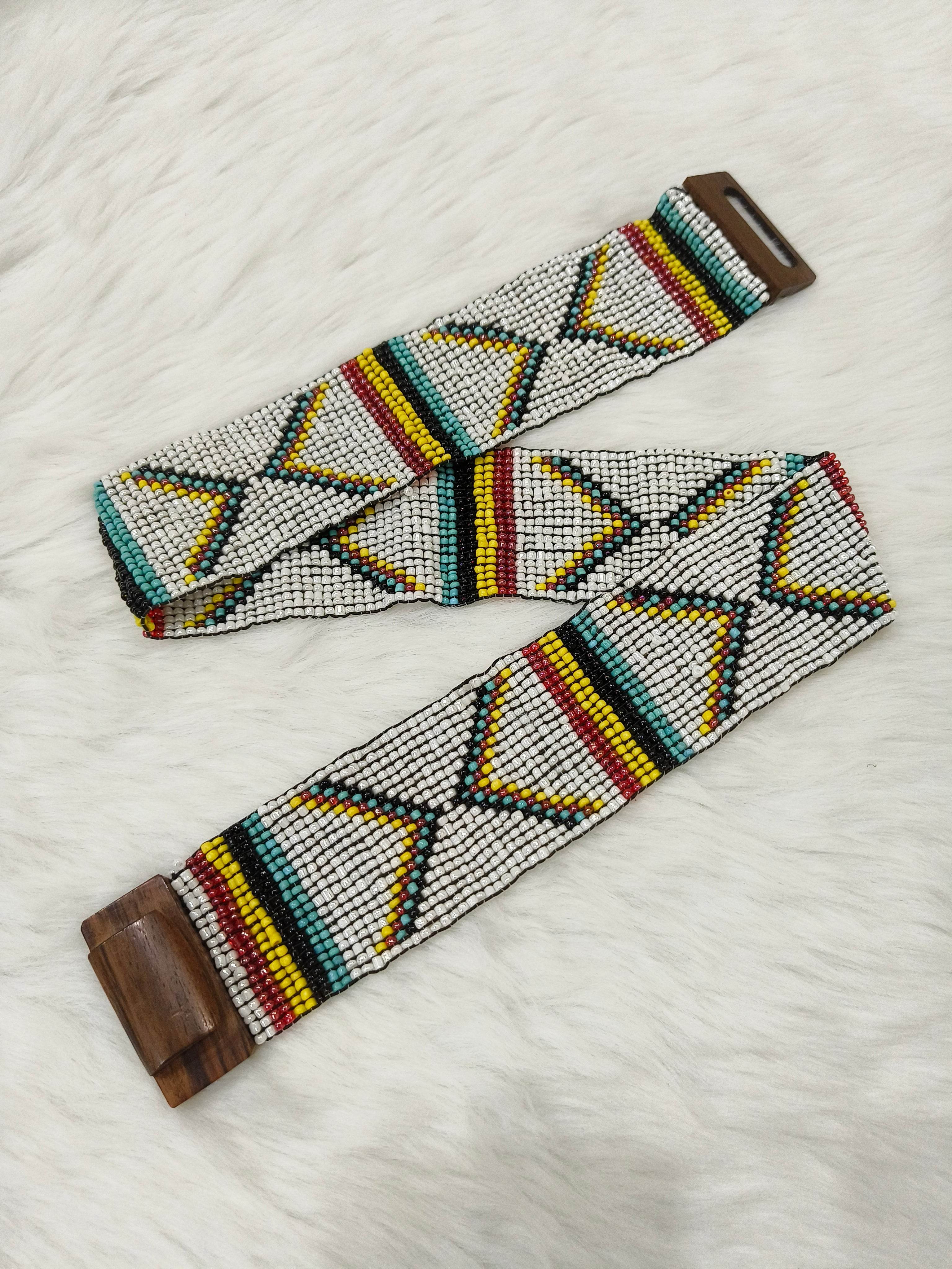 Handmade Stretchable Seed Beaded Belt with Wood Buckle Clasp - White Green - Guleel