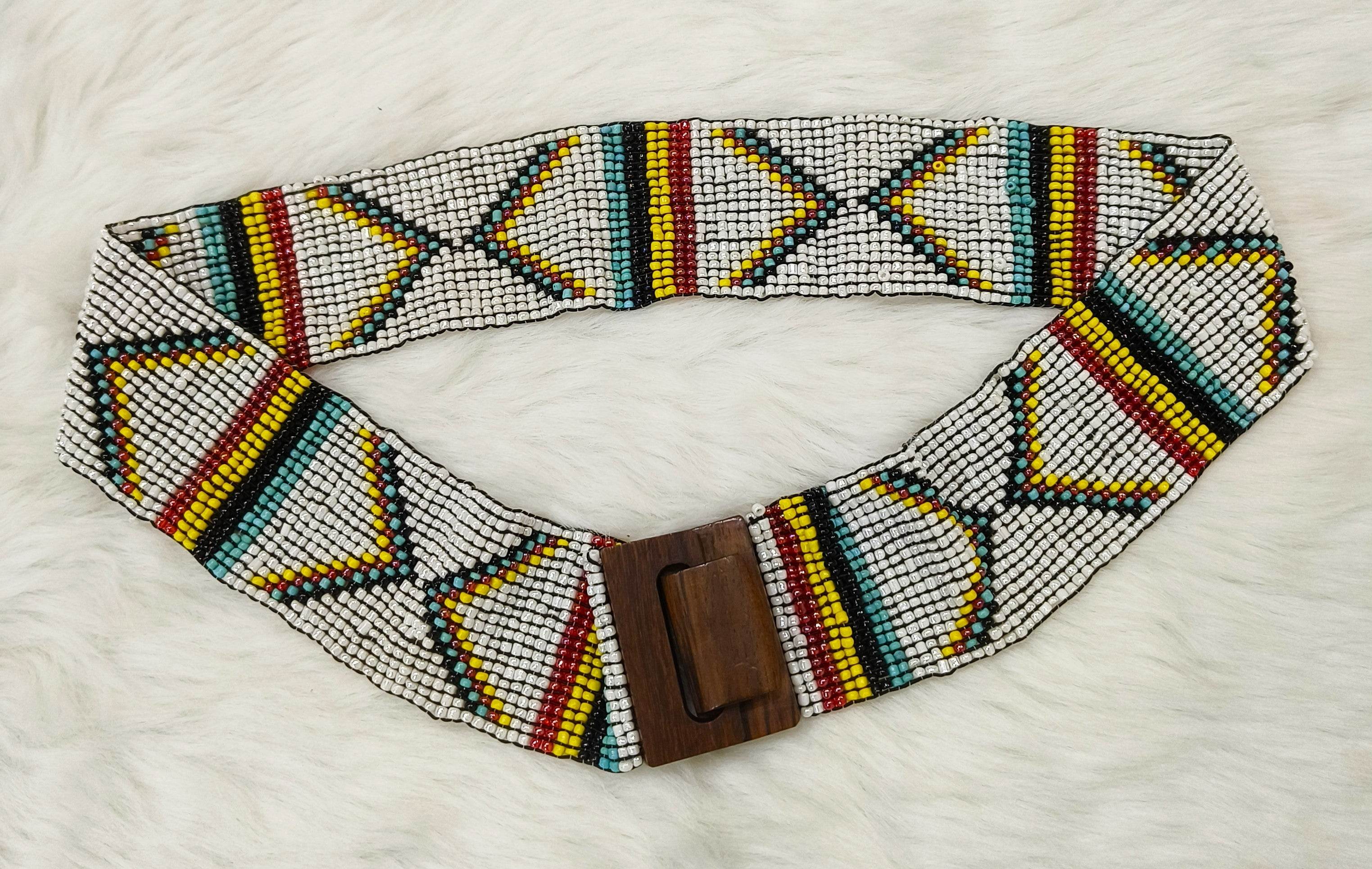Handmade Stretchable Seed Beaded Belt with Wood Buckle Clasp - White Green - Guleel