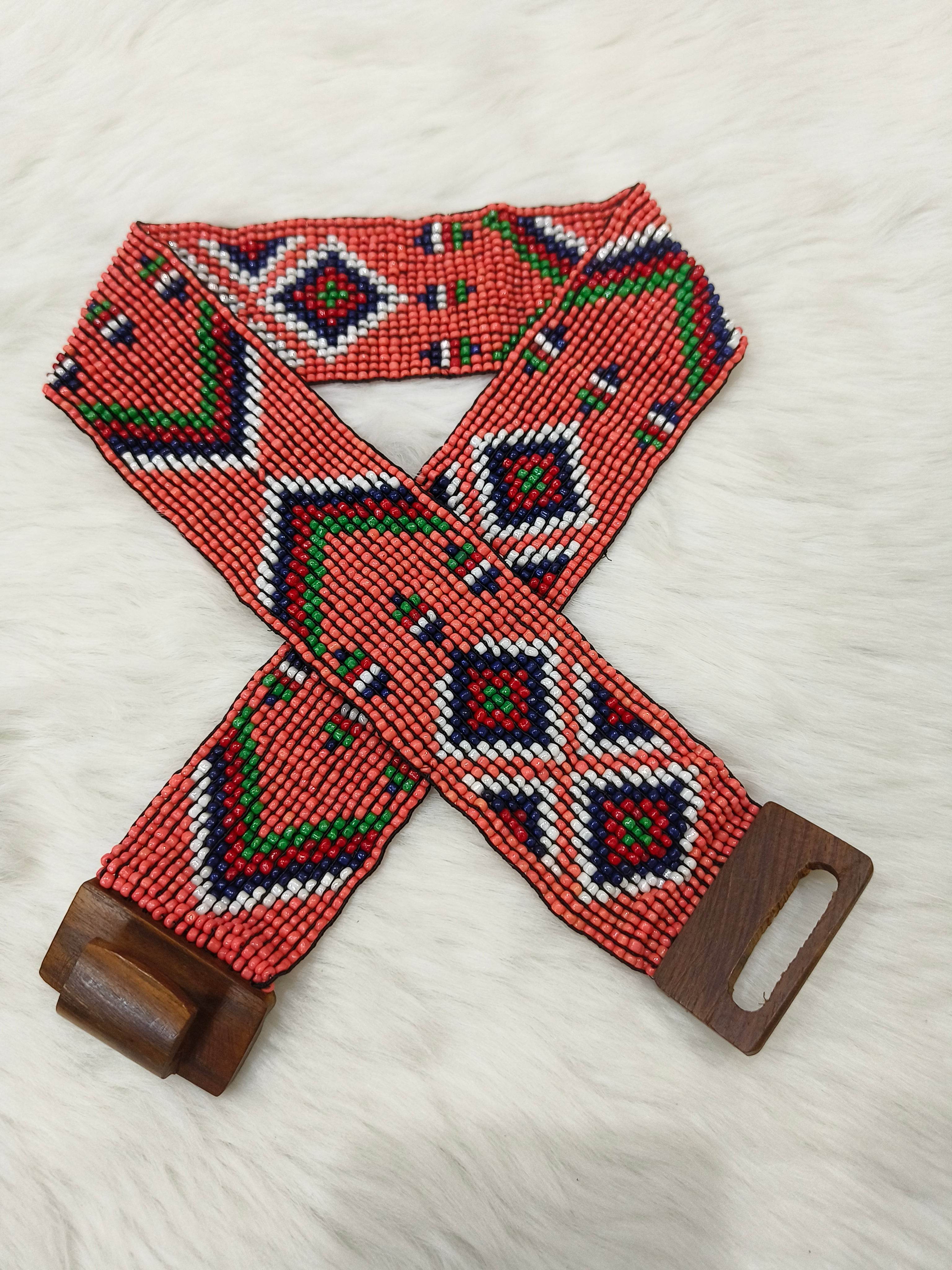 Handmade Stretchable Seed Beaded Belt with Wood Buckle Clasp - Orange Multicolor - Guleel