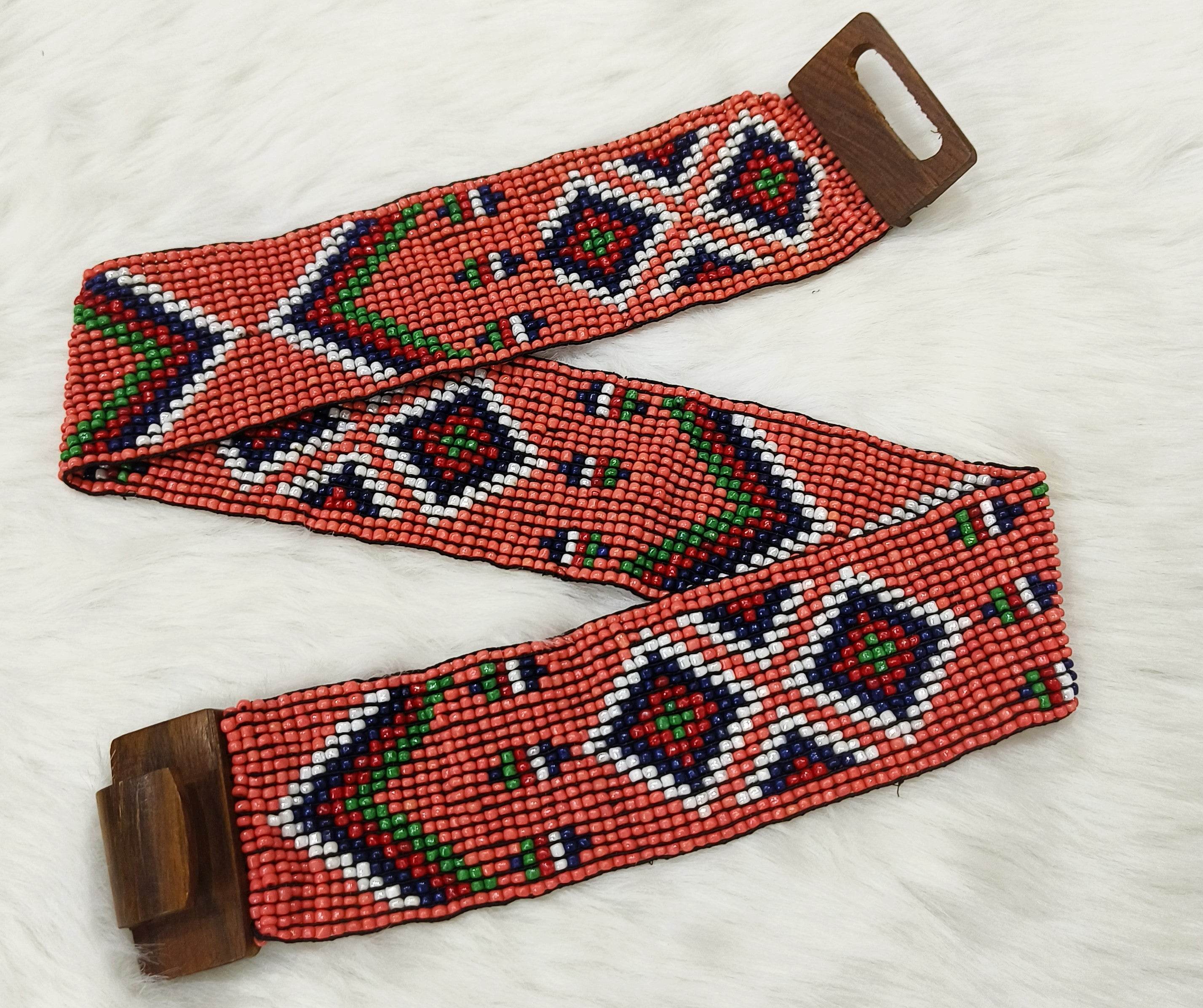 Handmade Stretchable Seed Beaded Belt with Wood Buckle Clasp - Orange Multicolor - Guleel