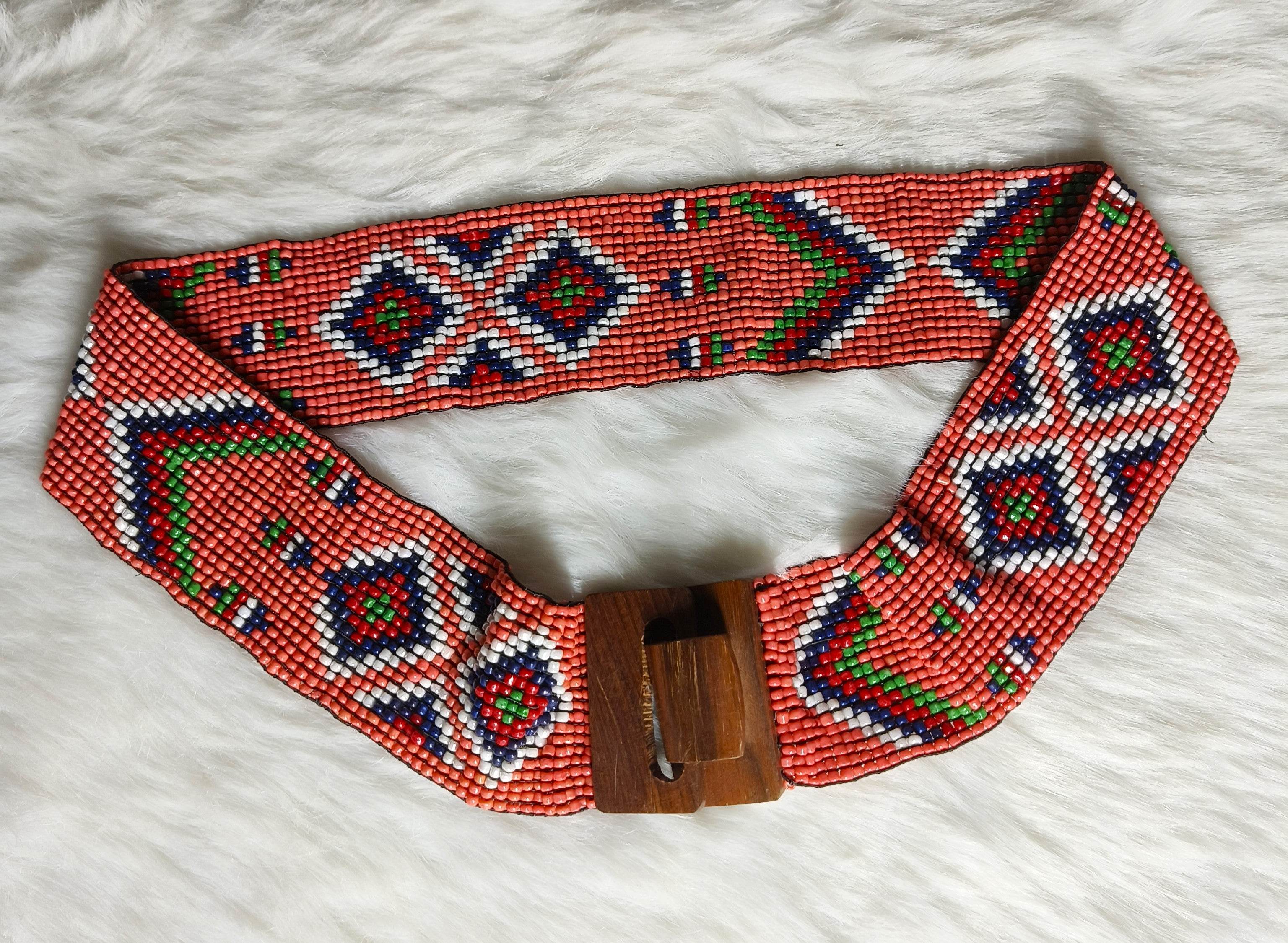 Handmade Stretchable Seed Beaded Belt with Wood Buckle Clasp - Orange Multicolor - Guleel