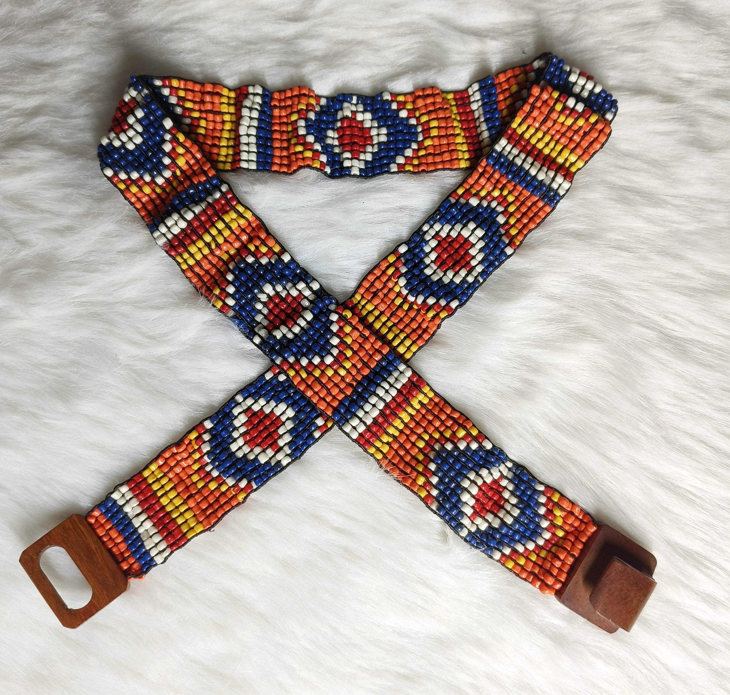 Handmade Stretchable Seed Beaded Belt with Wood Buckle Clasp -Orange Blue - Guleel