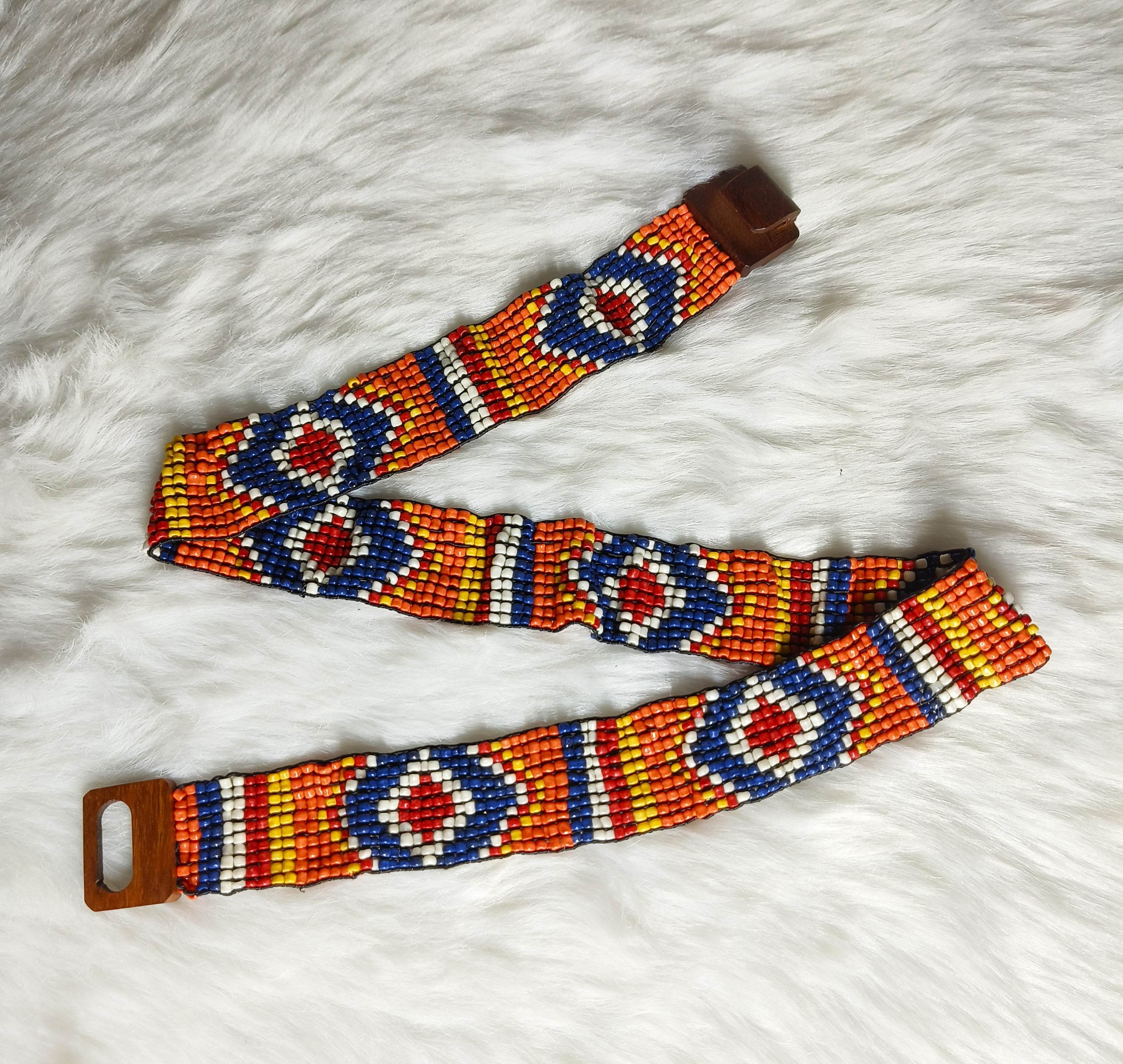 Handmade Stretchable Seed Beaded Belt with Wood Buckle Clasp -Orange Blue - Guleel