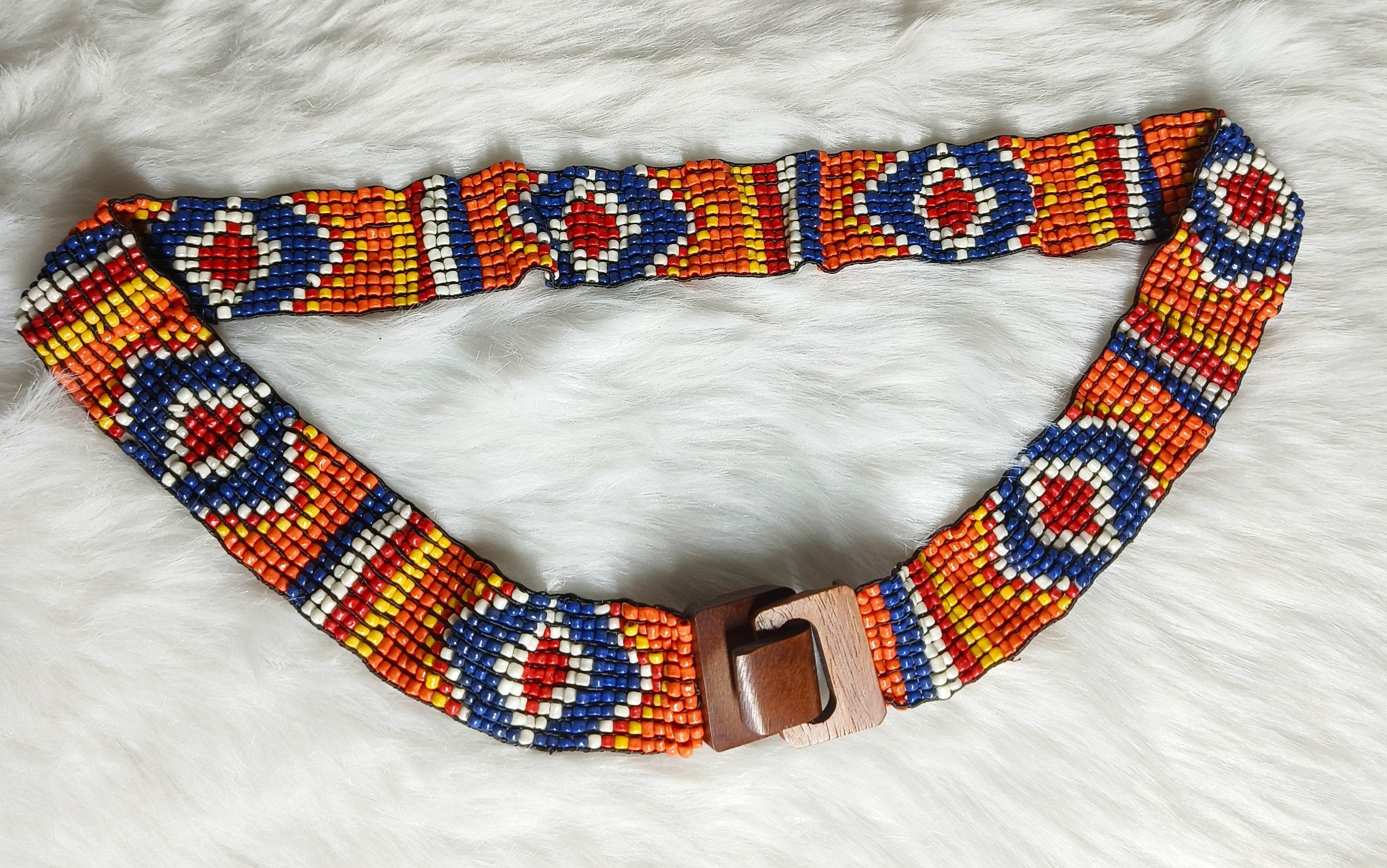 Handmade Stretchable Seed Beaded Belt with Wood Buckle Clasp -Orange Blue - Guleel