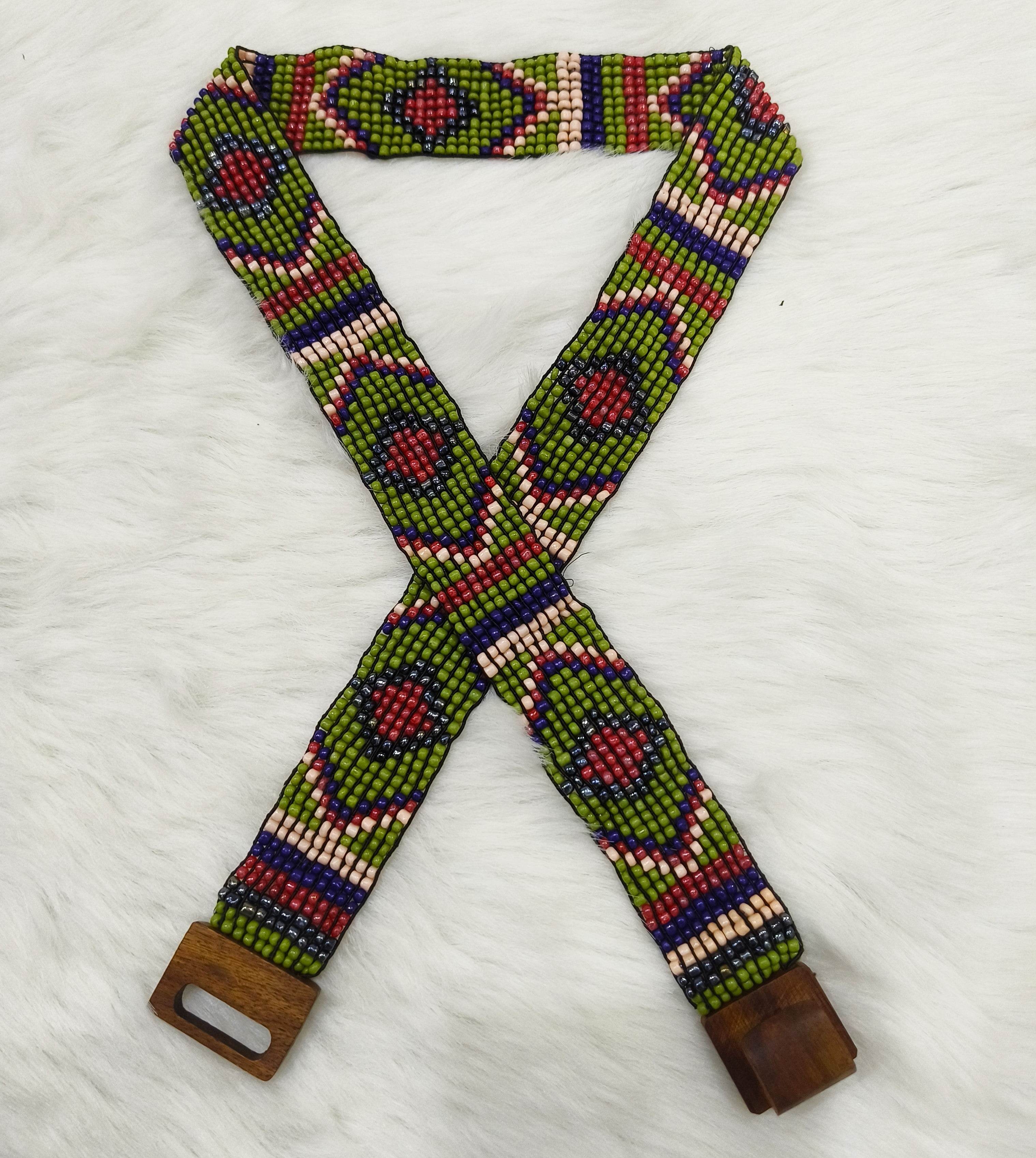 Handmade Stretchable Seed Beaded Belt with Wood Buckle Clasp - Green Multicolor - Guleel