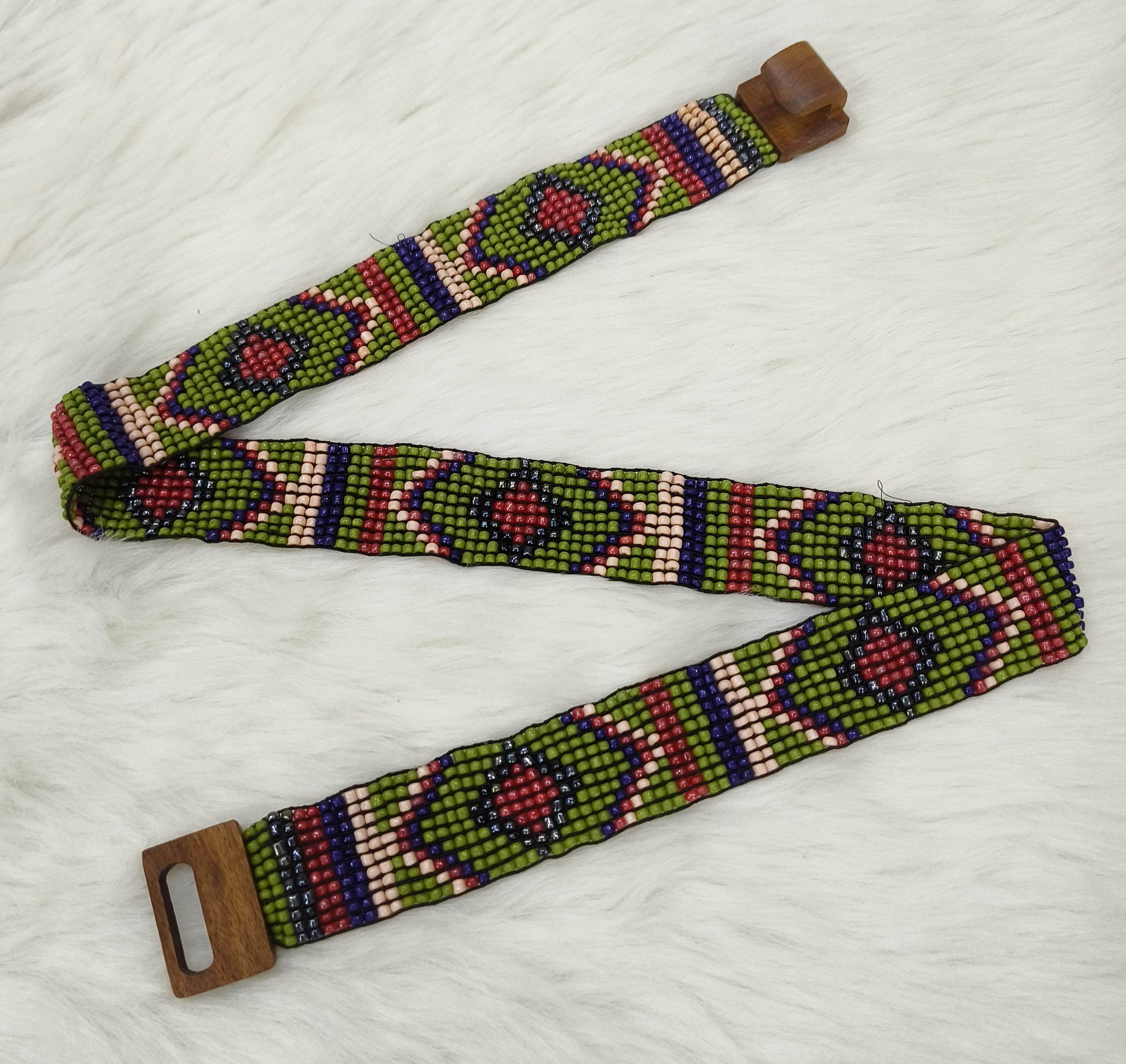Handmade Stretchable Seed Beaded Belt with Wood Buckle Clasp - Green Multicolor - Guleel