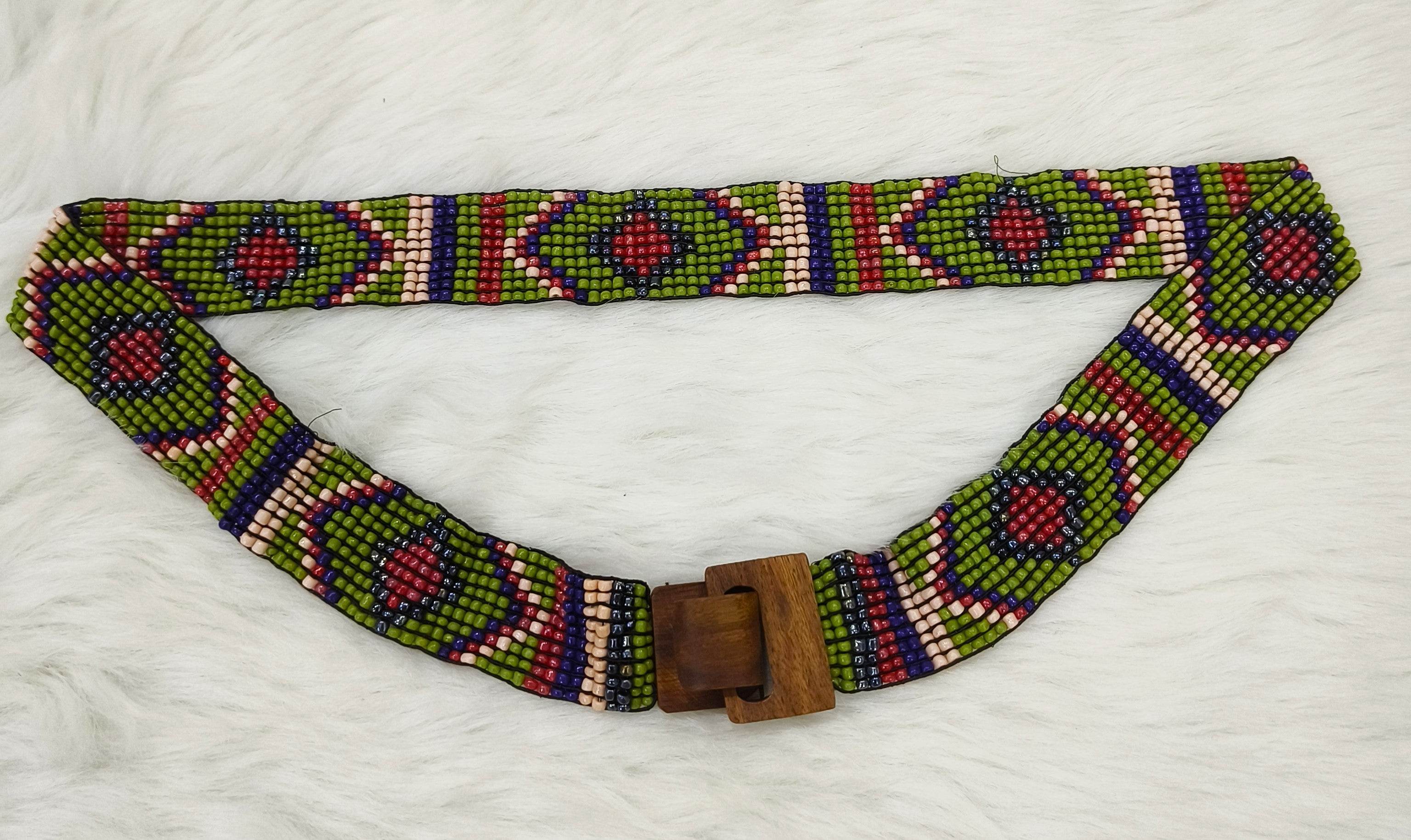 Handmade Stretchable Seed Beaded Belt with Wood Buckle Clasp - Green Multicolor - Guleel