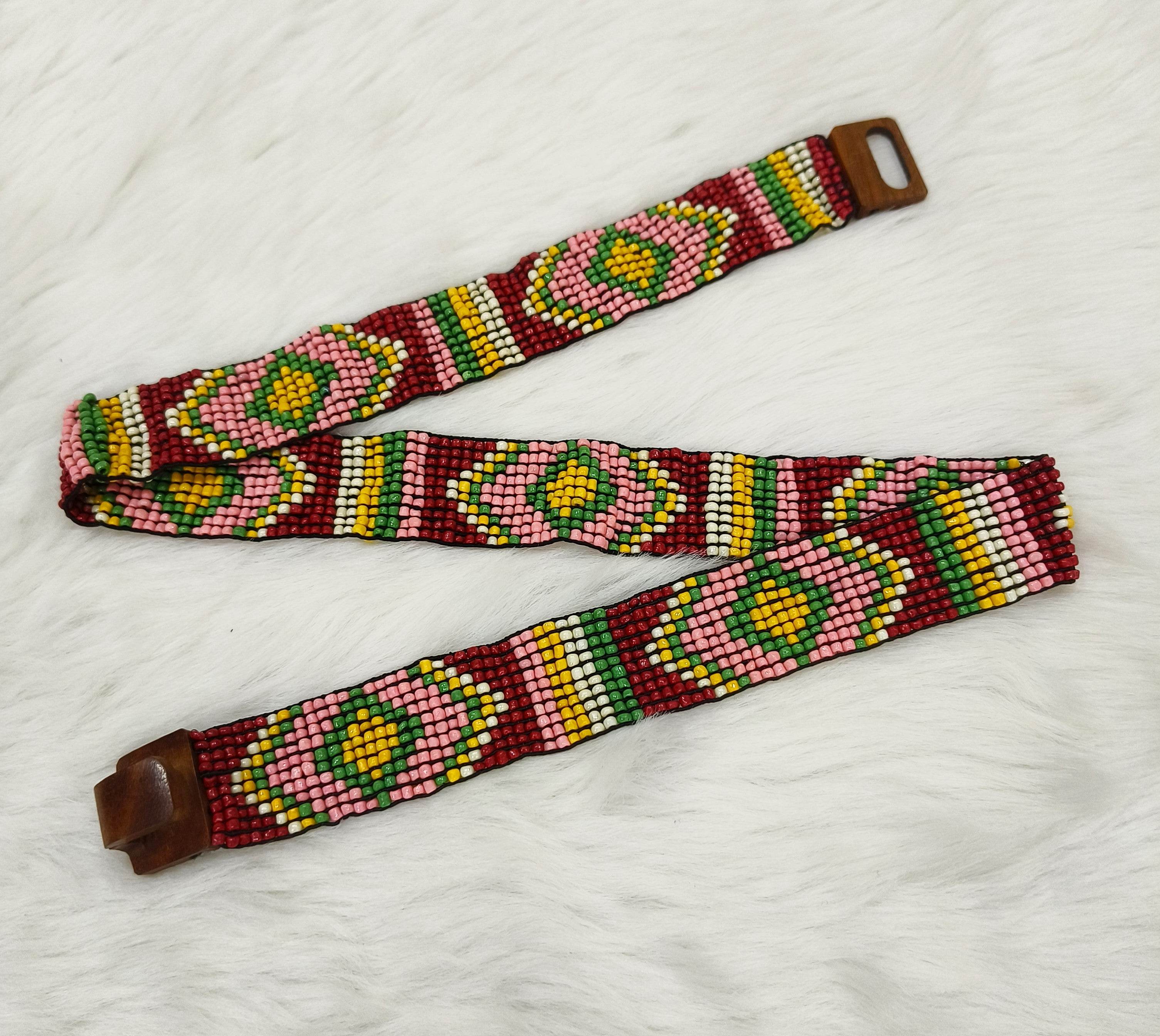 Handmade Stretchable Seed Beaded Belt with Wood Buckle Clasp - Multicolor - Guleel