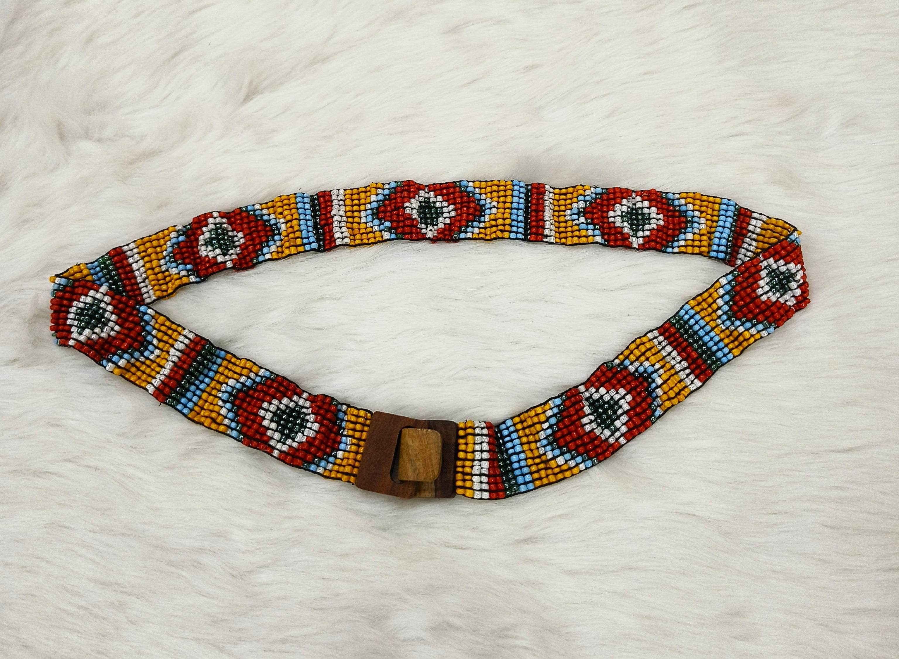 Handmade Stretchable Seed Beaded Belt with Wood Buckle Clasp - Multicolor - Guleel