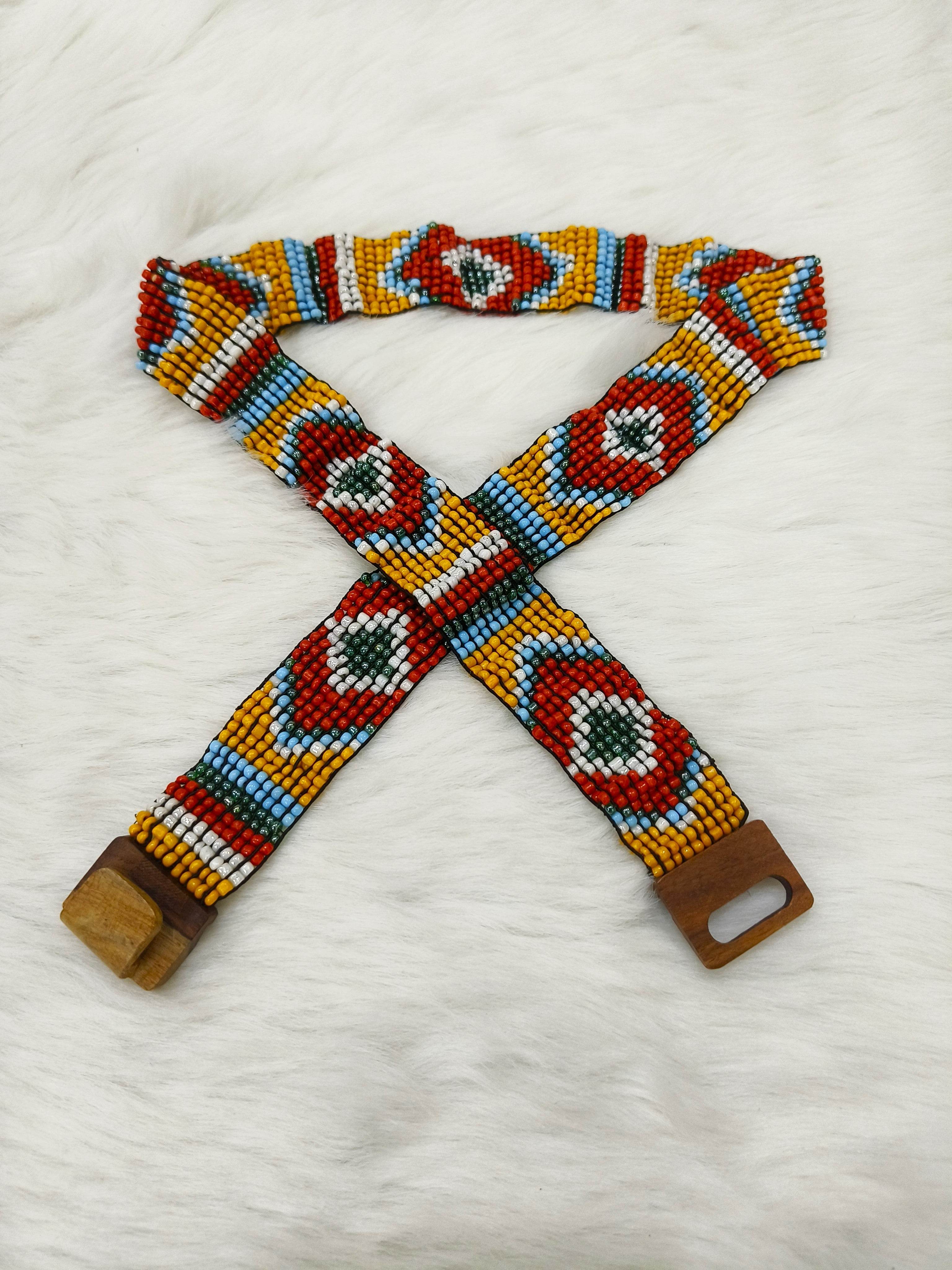 Handmade Stretchable Seed Beaded Belt with Wood Buckle Clasp - Multicolor - Guleel