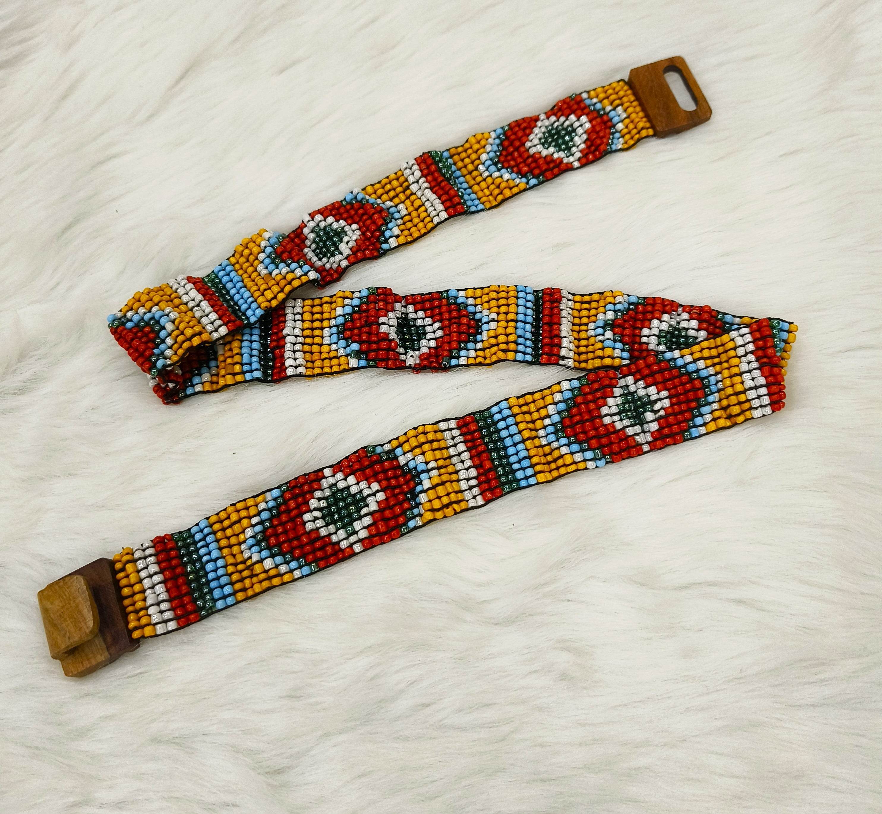Handmade Stretchable Seed Beaded Belt with Wood Buckle Clasp - Multicolor - Guleel