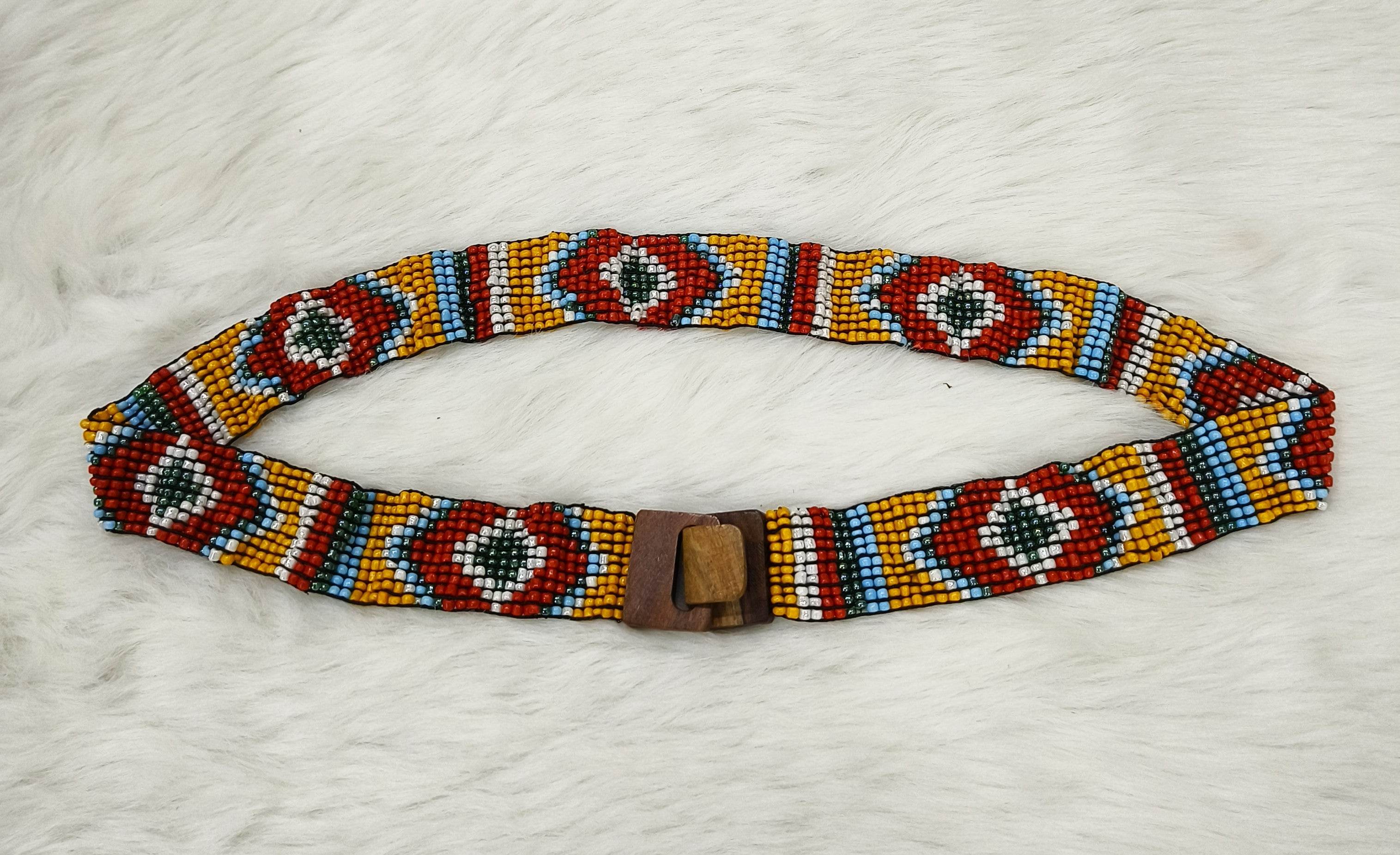 Handmade Stretchable Seed Beaded Belt with Wood Buckle Clasp - Multicolor - Guleel