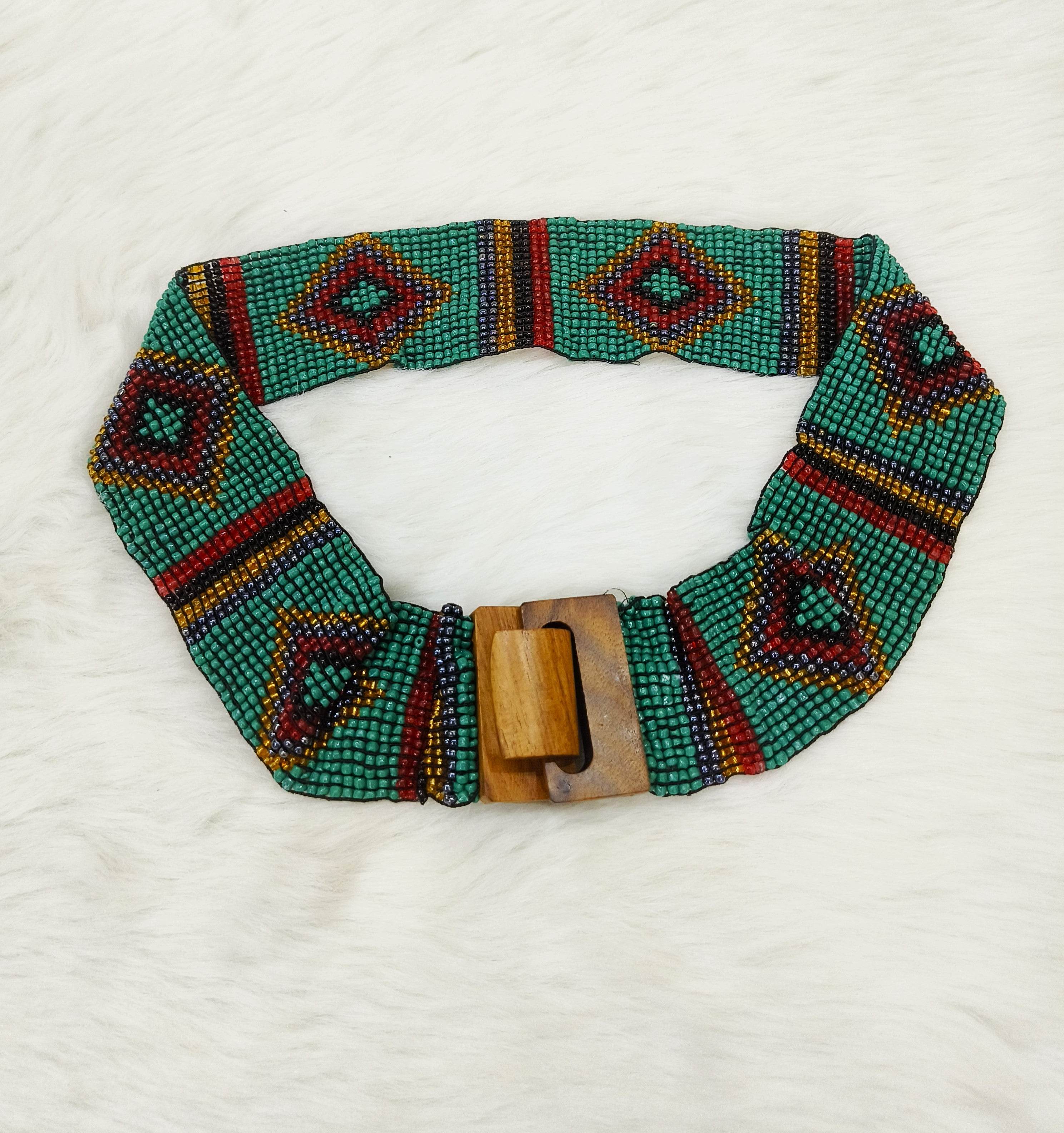 Handmade Stretchable Seed Beaded Belt with Wood Buckle Clasp - Dark Green Multicolor - Guleel
